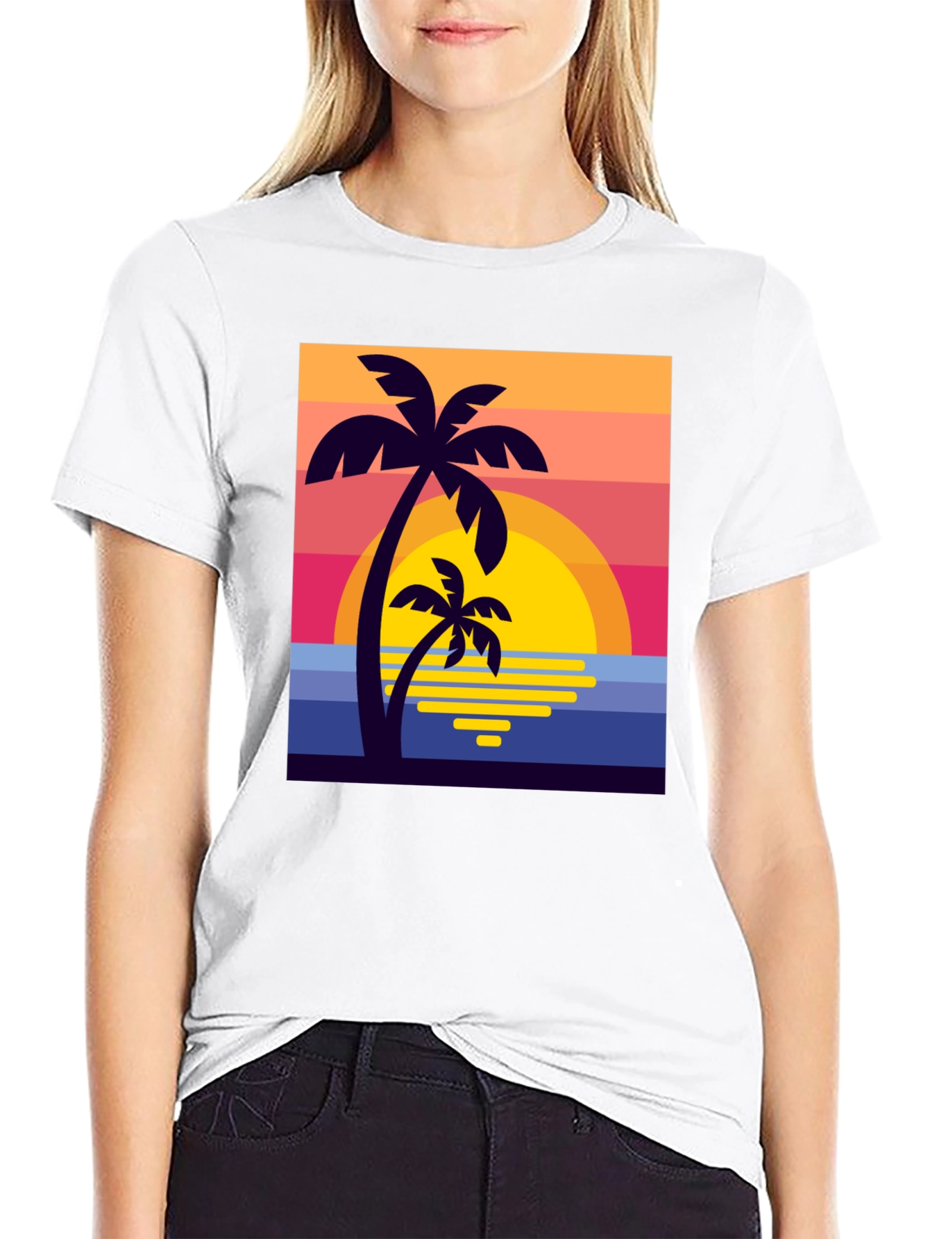 Retro Sunset Palm Tree Graphic Tee - Black