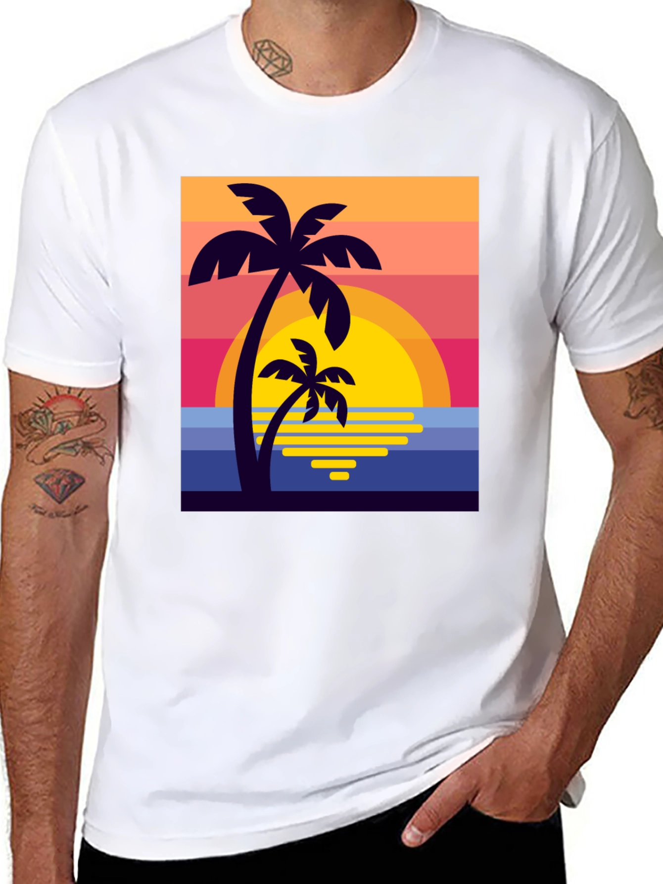 Retro Sunset Palm Tree Graphic Tee - Black