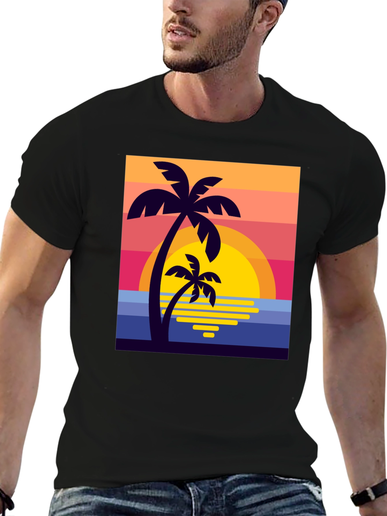 Retro Sunset Palm Tree Graphic Tee - Black