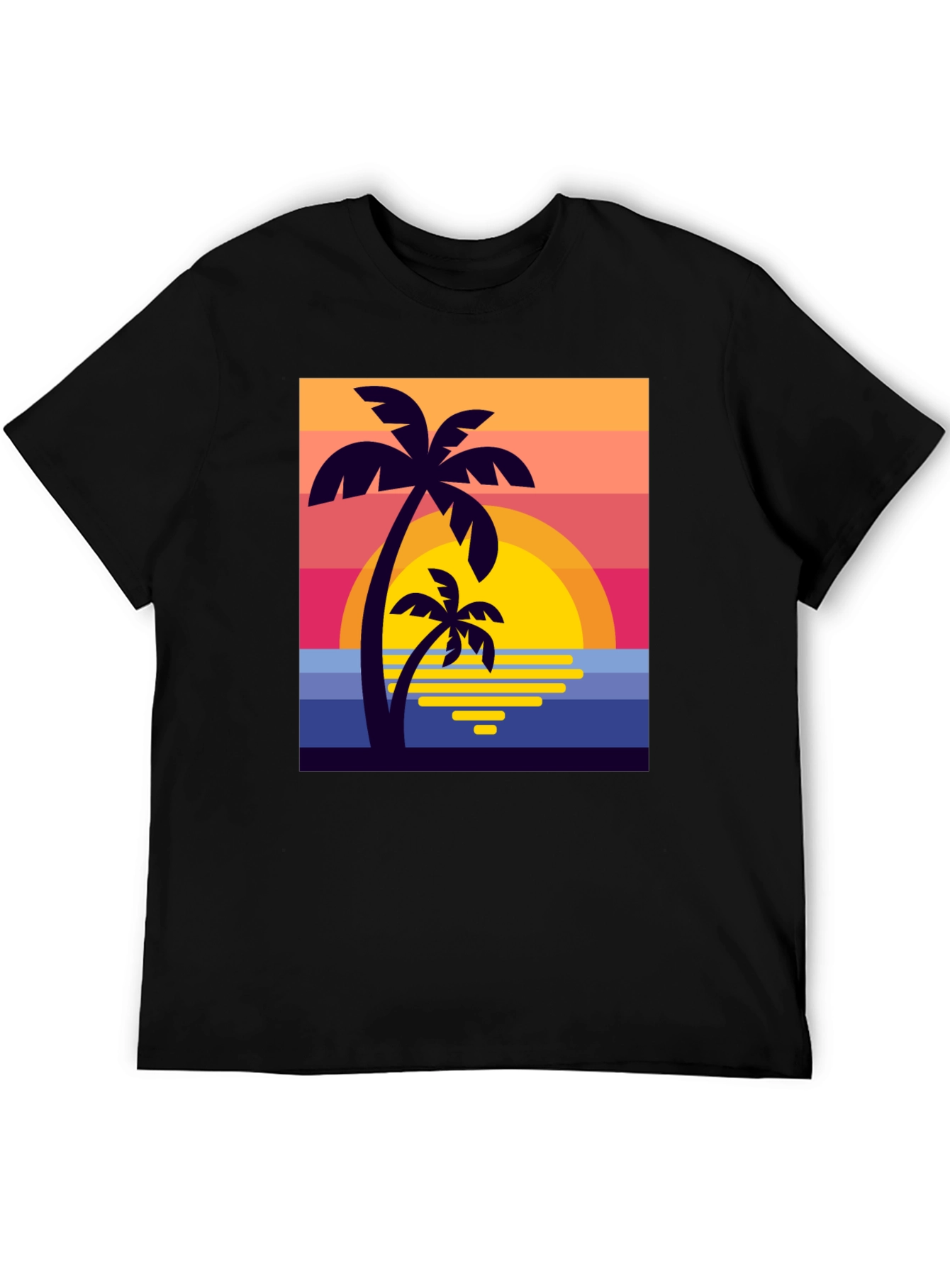 Retro Sunset Palm Tree Graphic Tee - Black