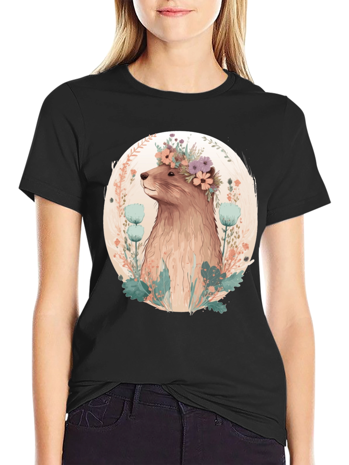 Floral Beaver T-Shirt - Mens Black Tee
