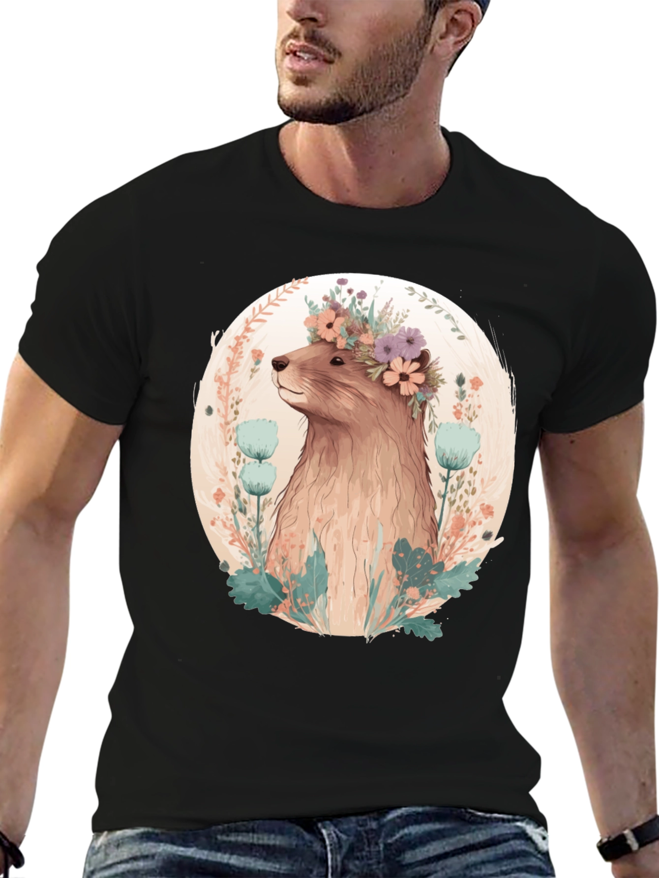 Floral Beaver T-Shirt - Mens Black Tee
