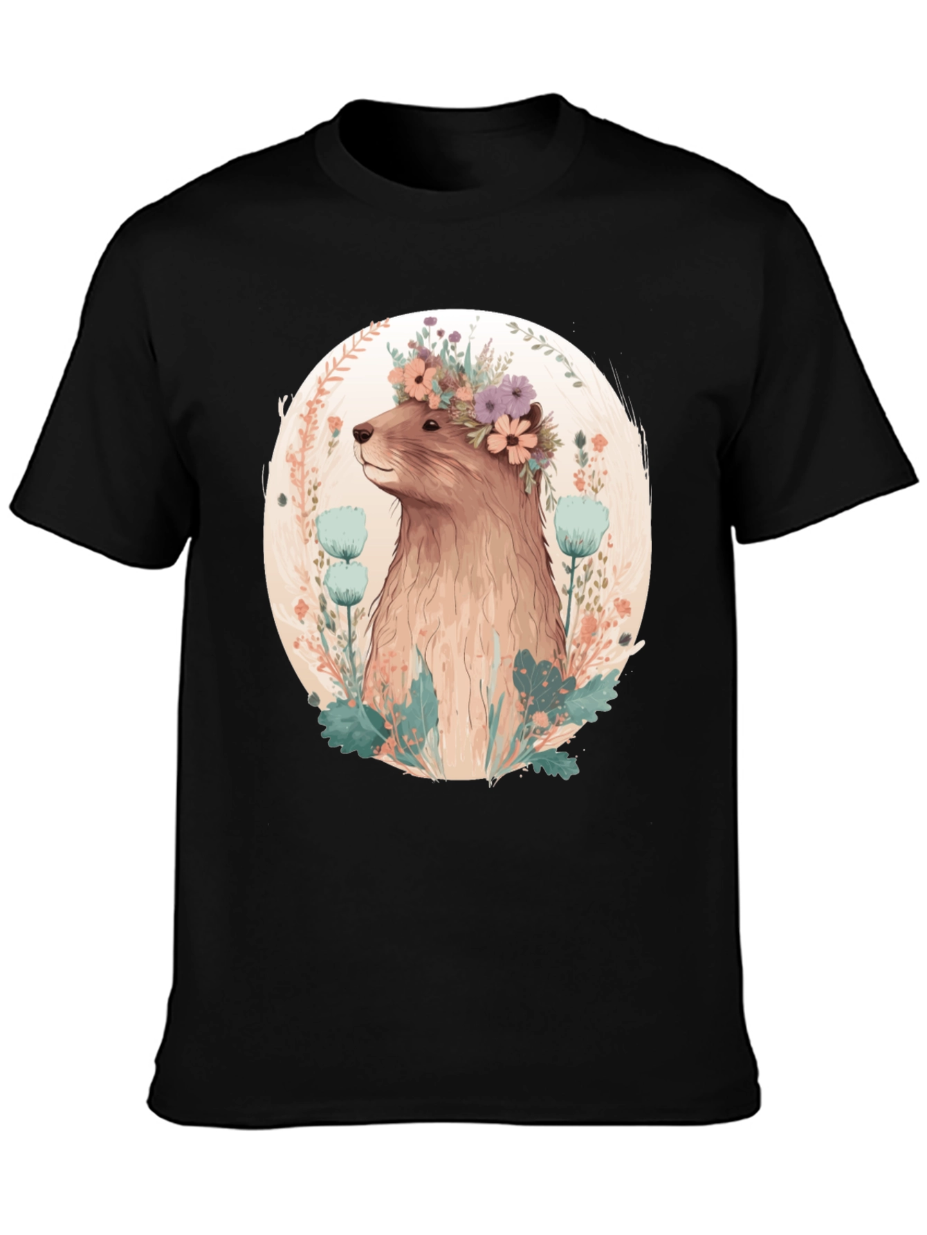 Floral Beaver T-Shirt - Mens Black Tee