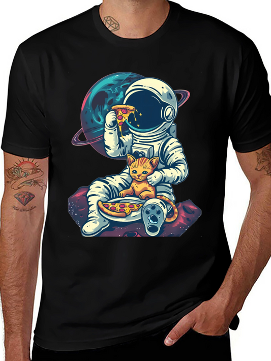 Astronaut Cat Pizza Black T-Shirt