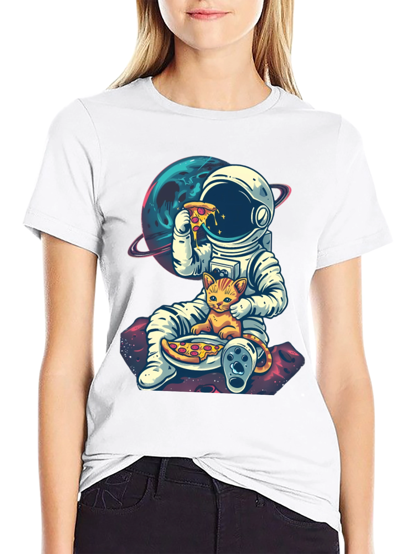 Astronaut Cat Pizza Black T-Shirt