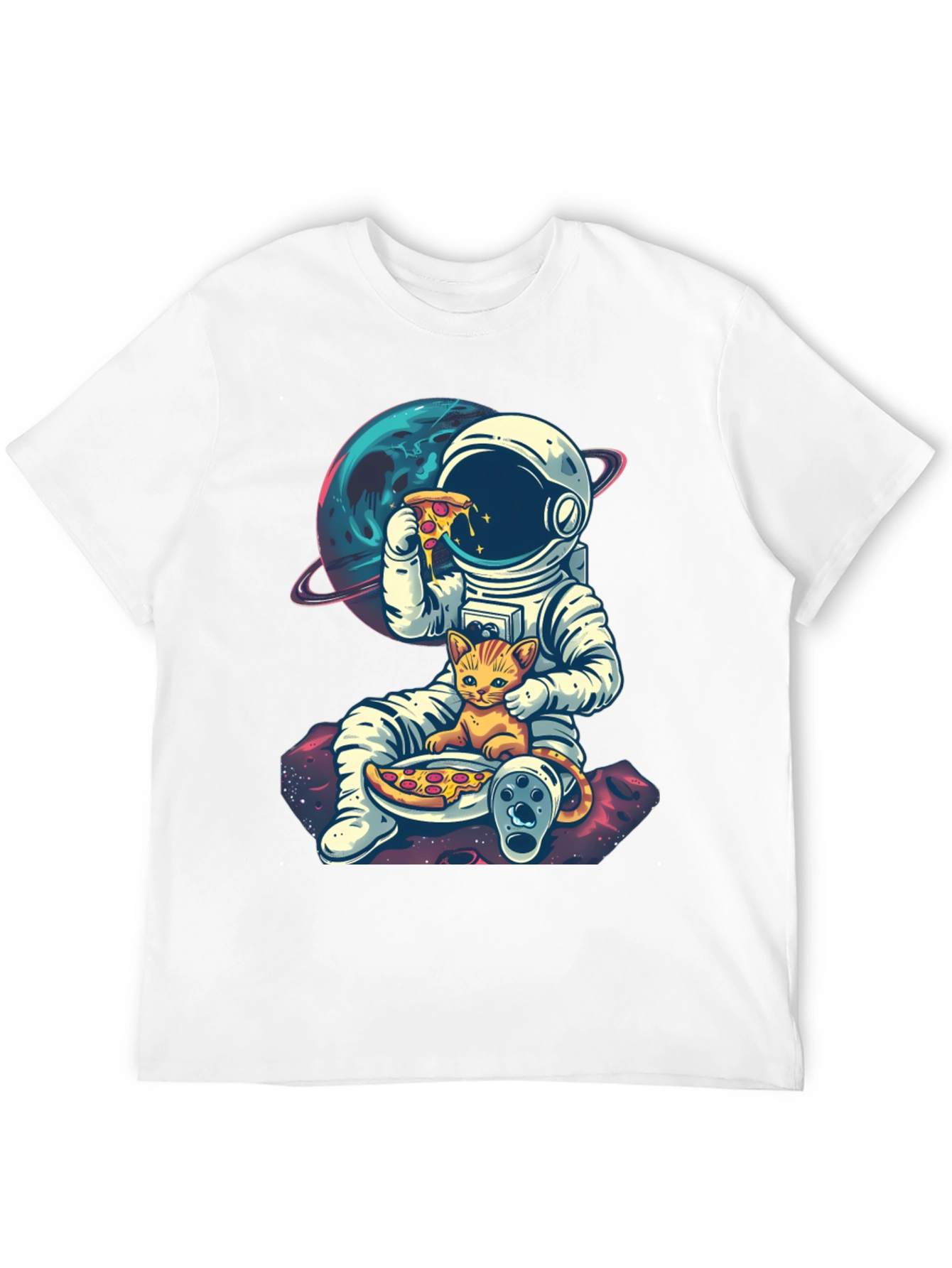 Astronaut Cat Pizza Black T-Shirt