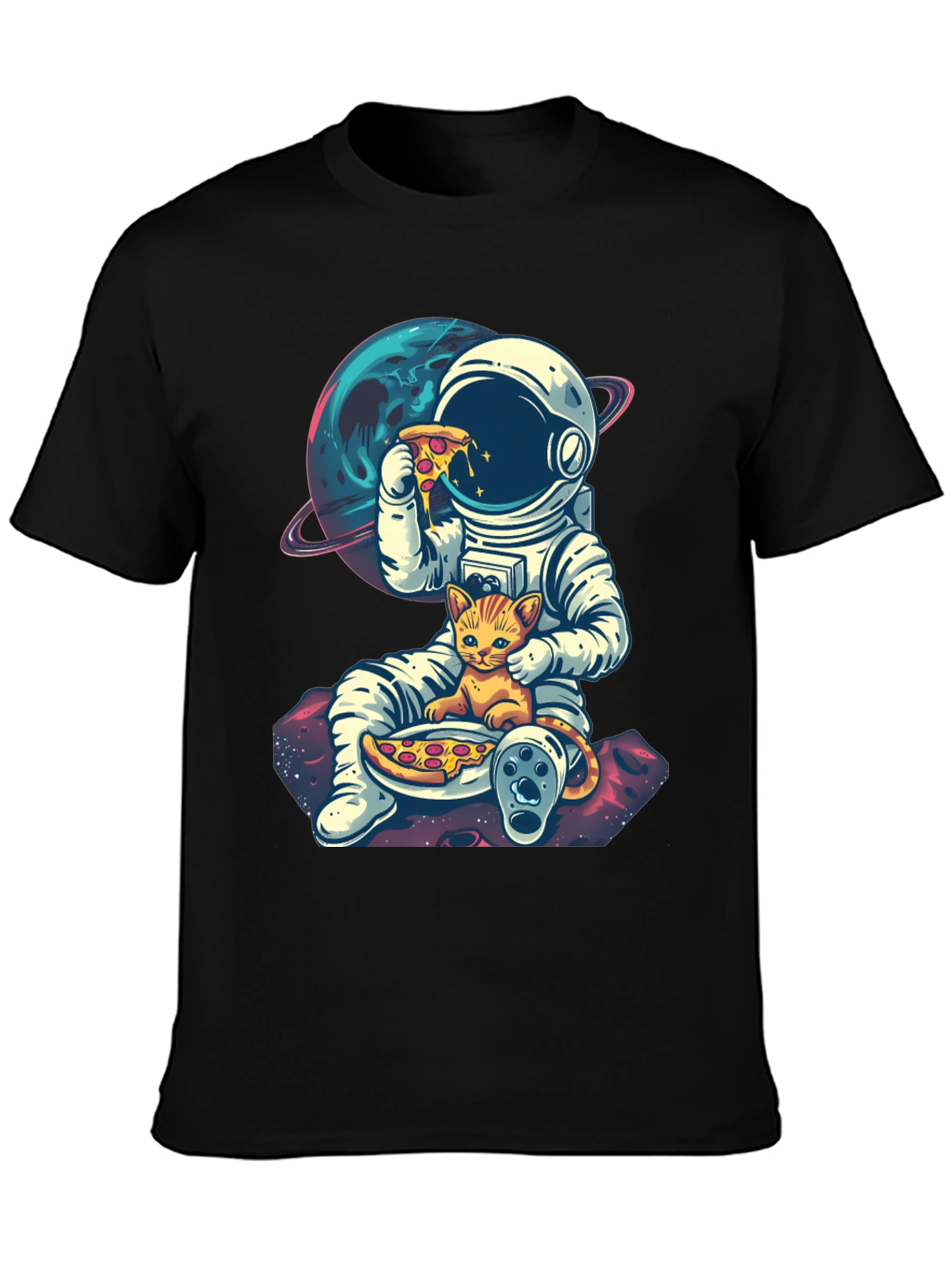 Astronaut Cat Pizza Black T-Shirt
