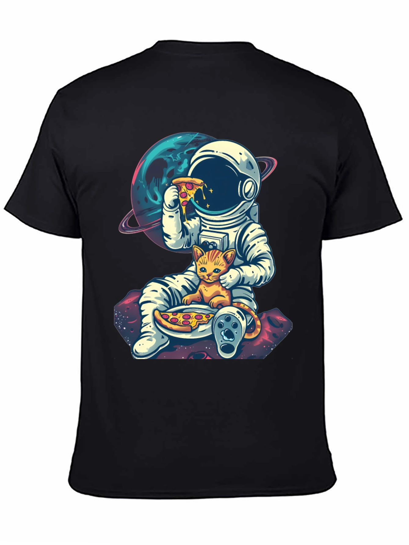 Astronaut Cat Pizza Black T-Shirt