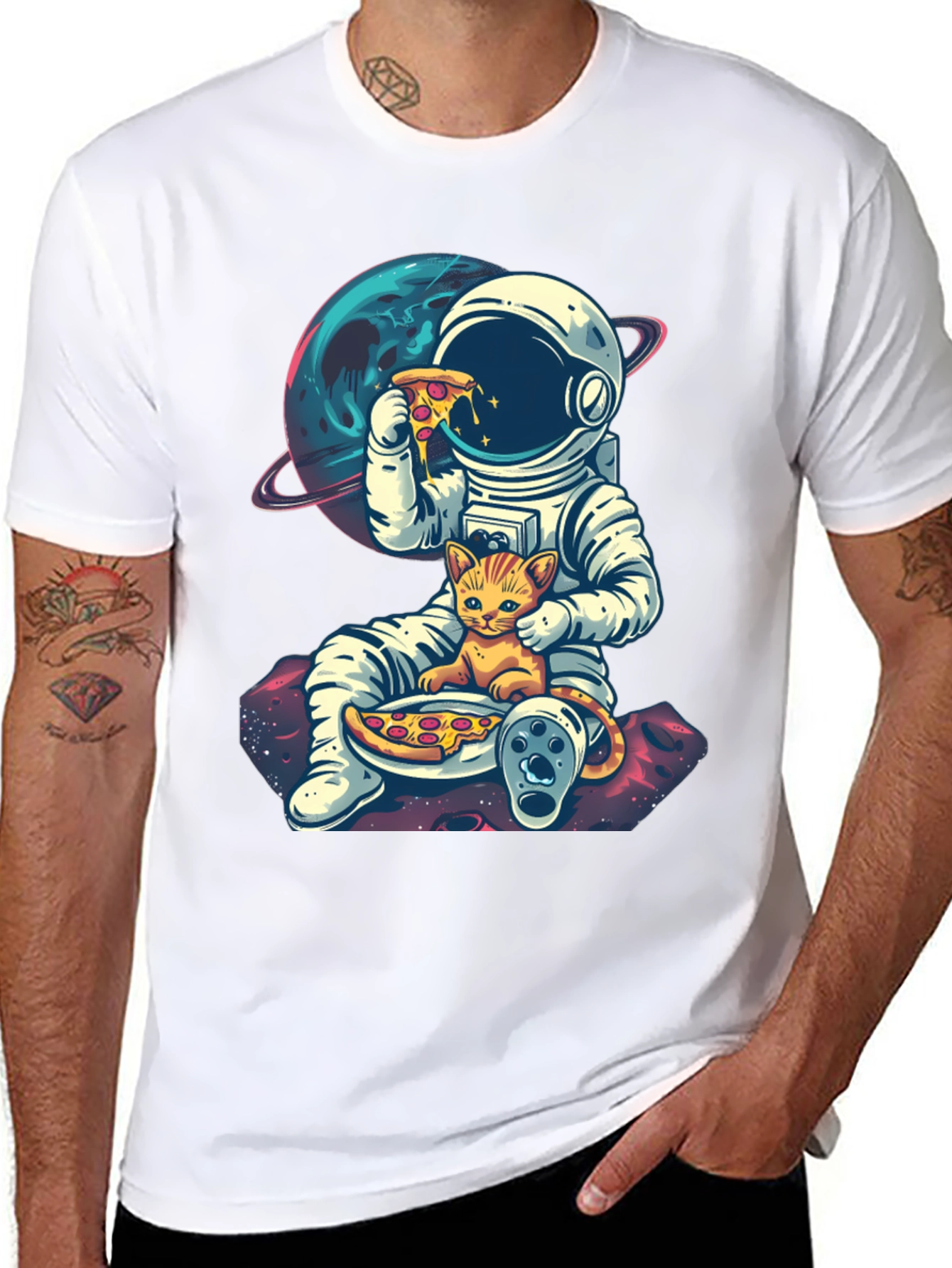 Astronaut Cat Pizza Black T-Shirt