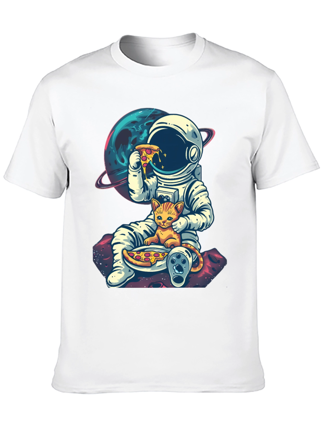 Astronaut Cat Pizza Black T-Shirt