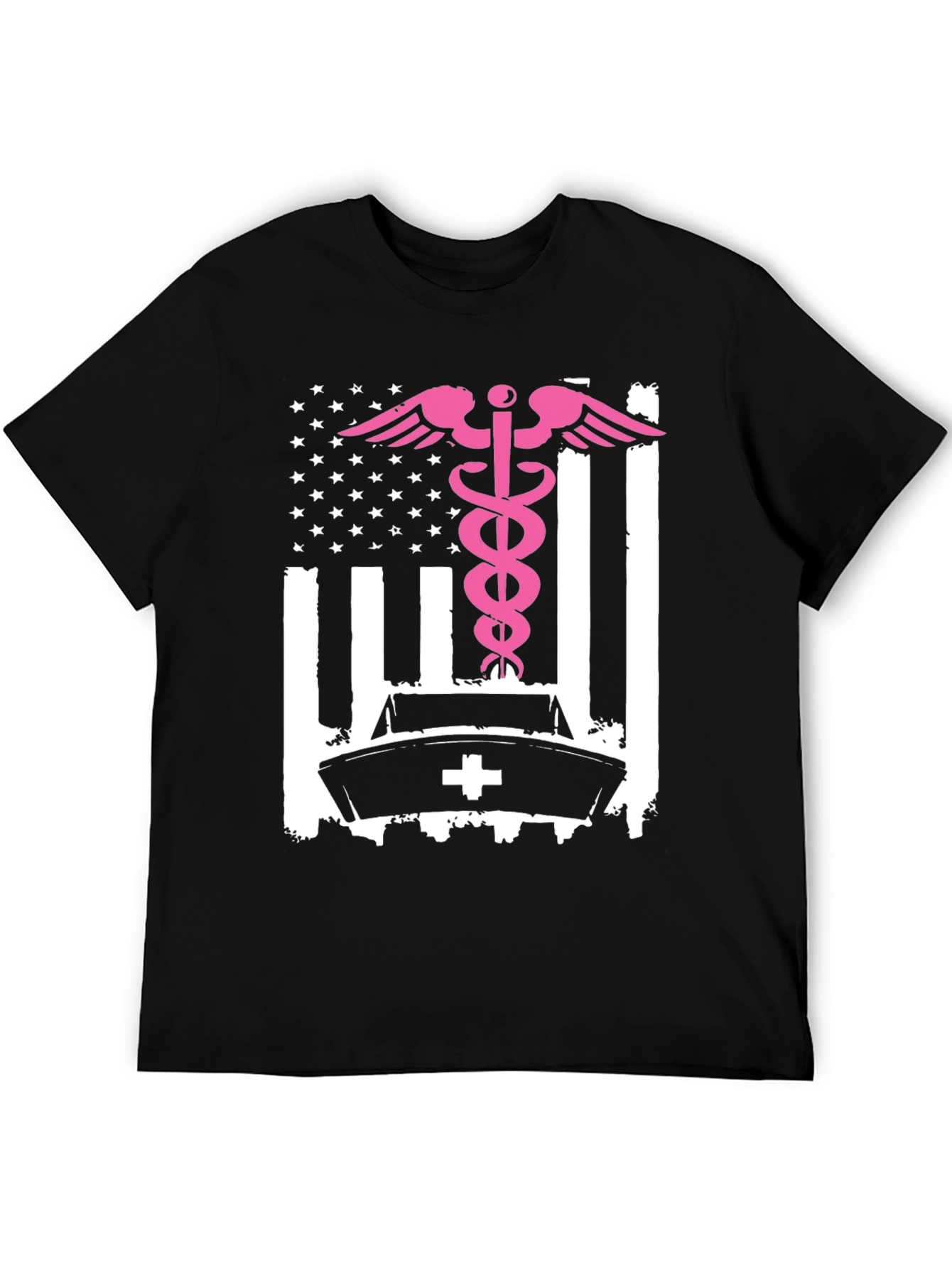 Nurse American Flag T-Shirt - Pink Caduceus Design