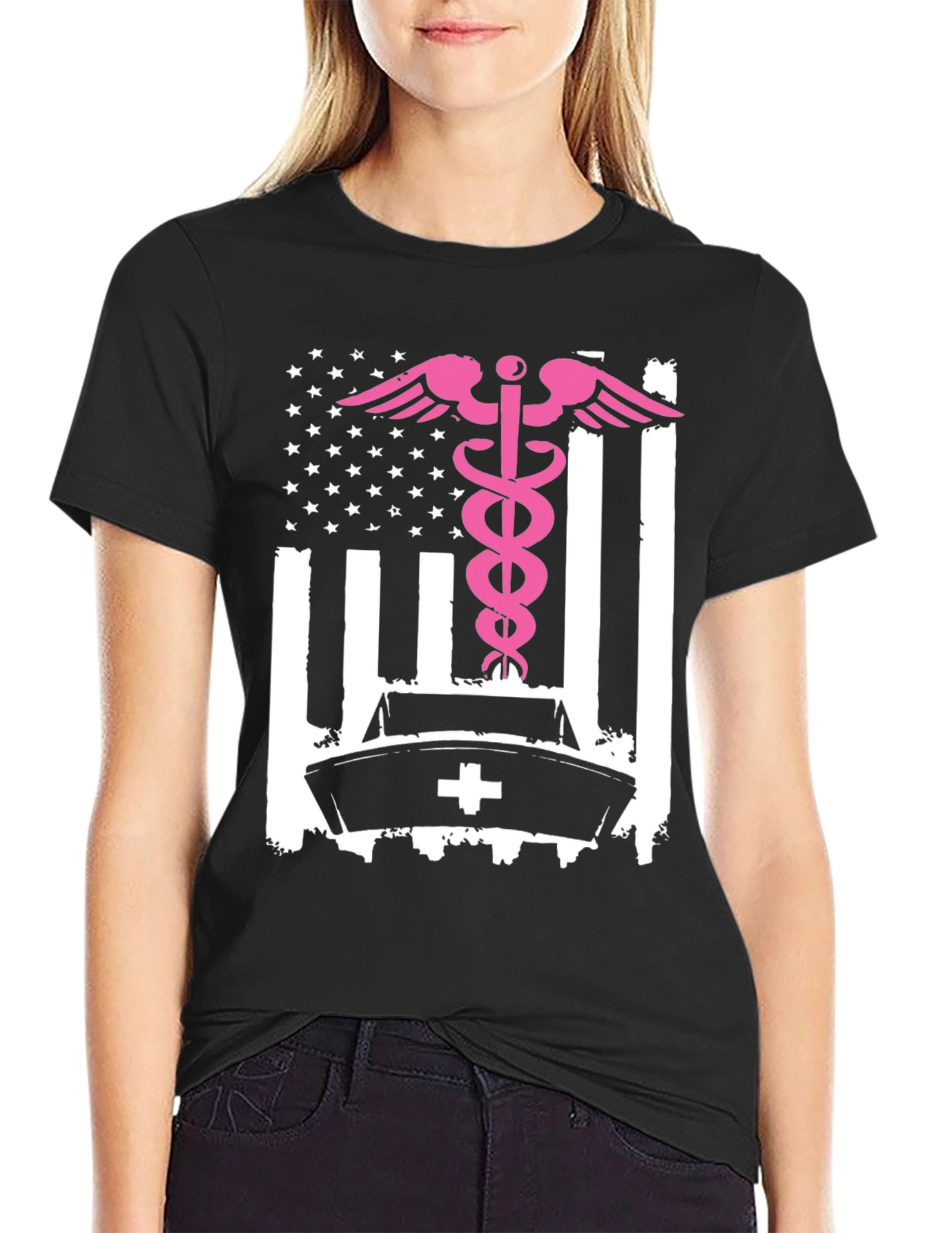 Nurse American Flag T-Shirt - Pink Caduceus Design