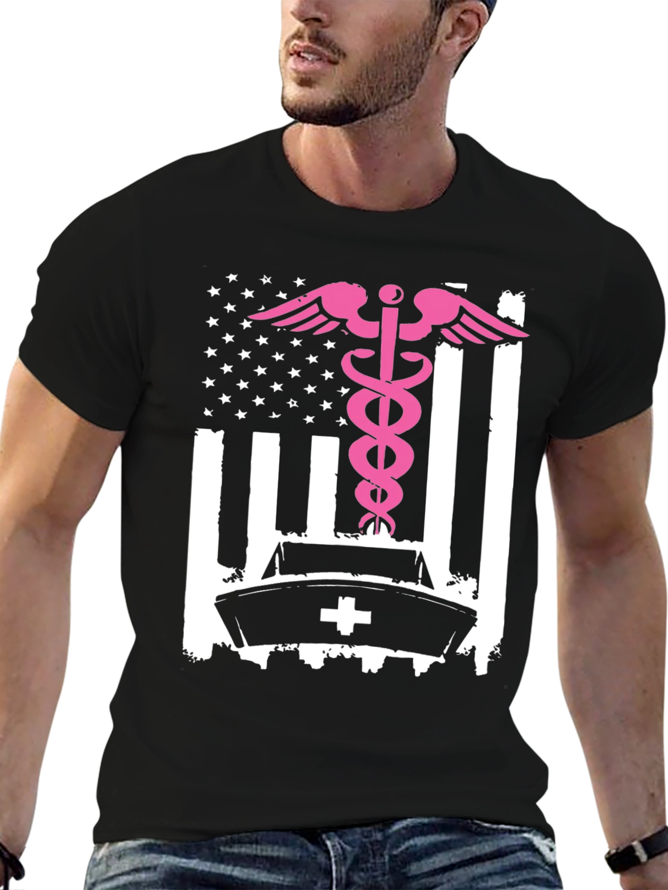 Nurse American Flag T-Shirt - Pink Caduceus Design