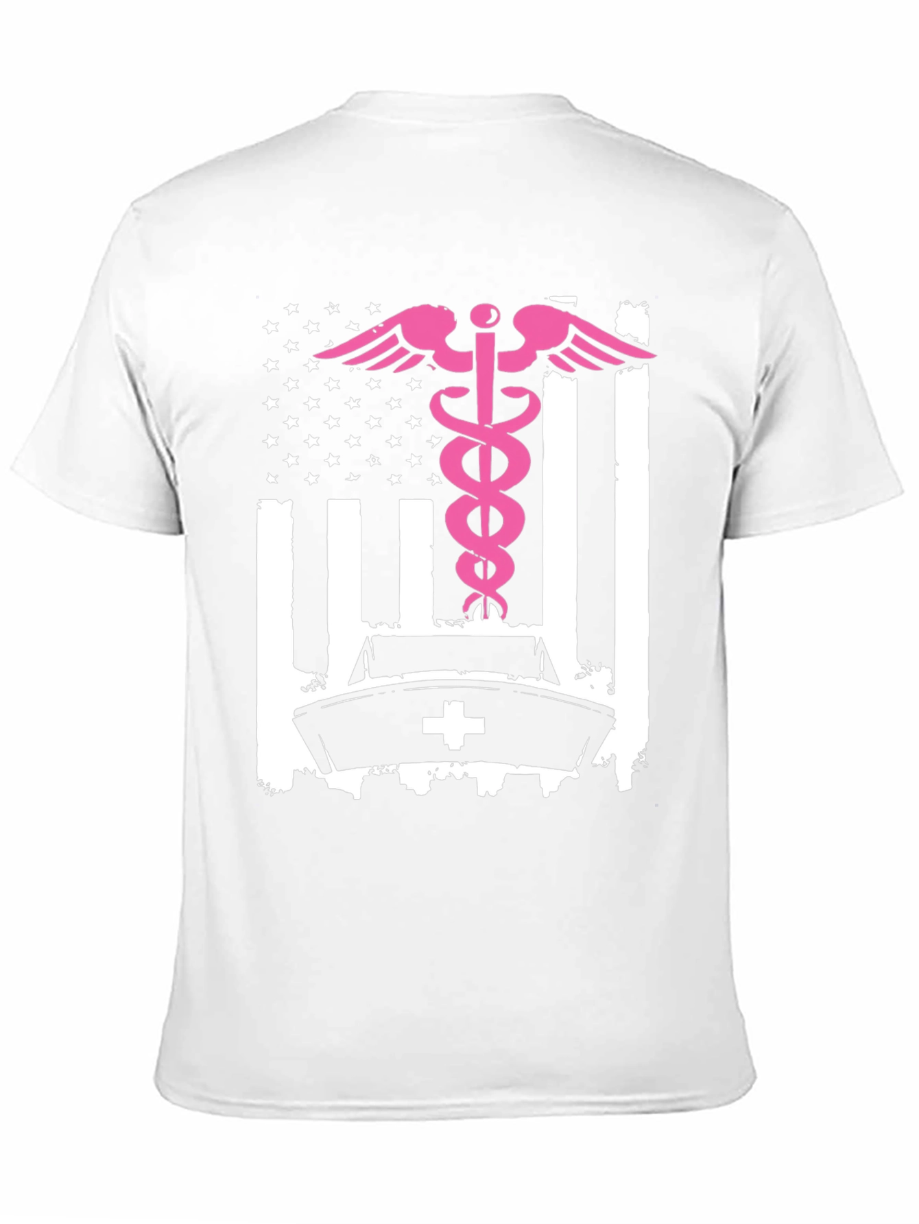 Nurse American Flag T-Shirt - Pink Caduceus Design