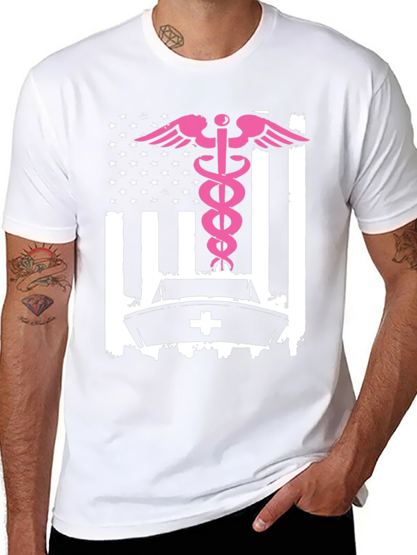 Nurse American Flag T-Shirt - Pink Caduceus Design
