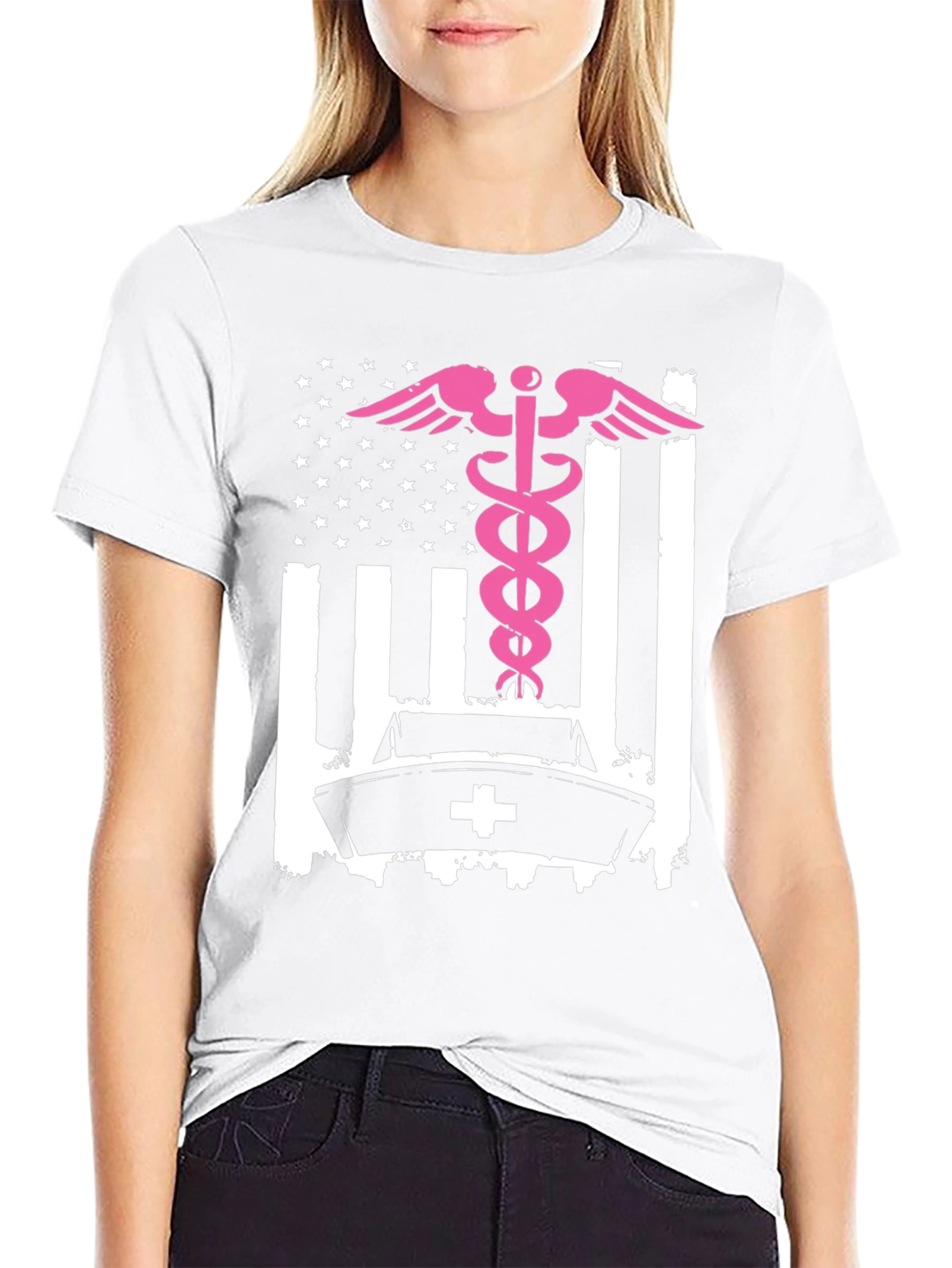 Nurse American Flag T-Shirt - Pink Caduceus Design