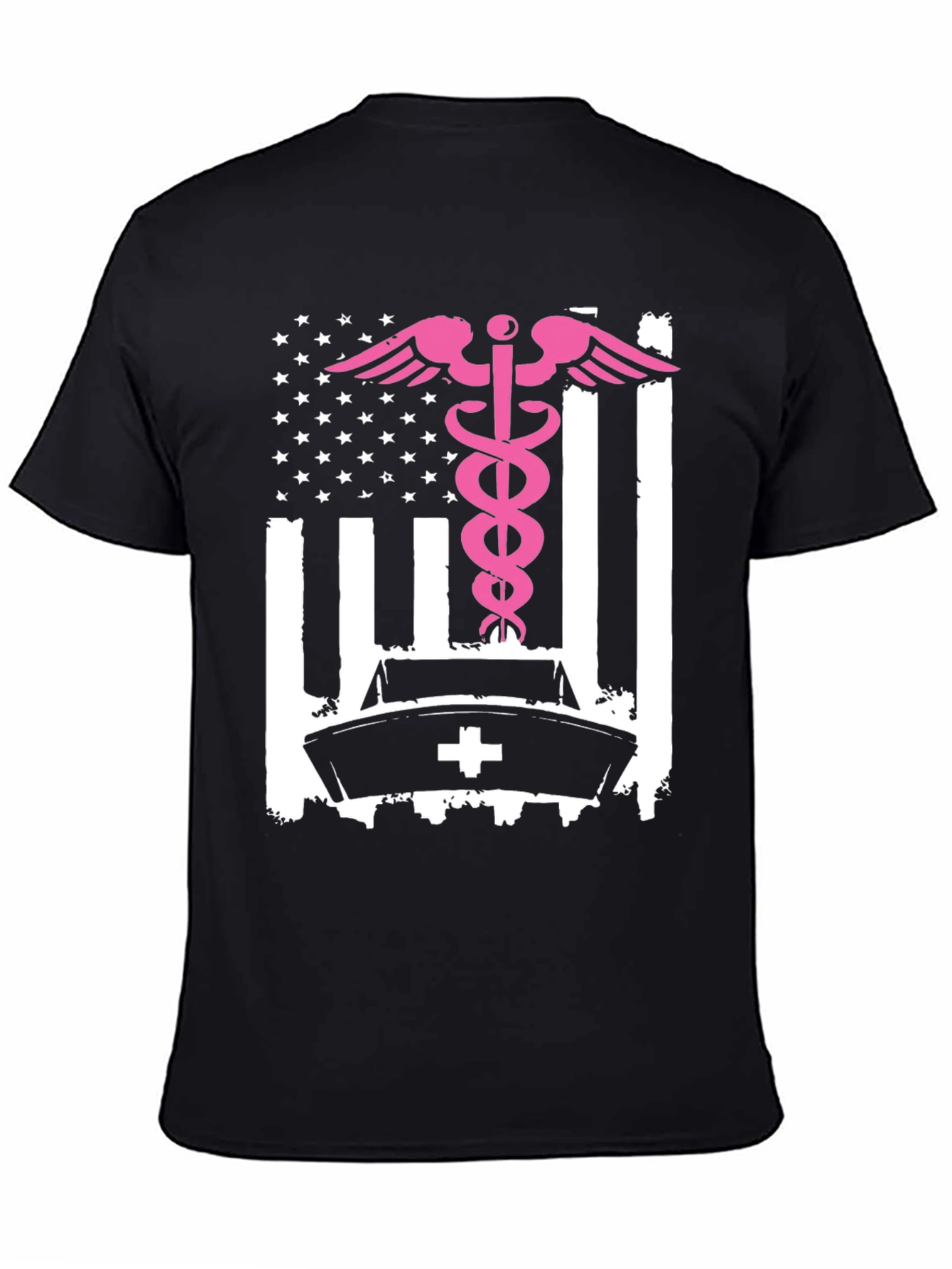 Nurse American Flag T-Shirt - Pink Caduceus Design