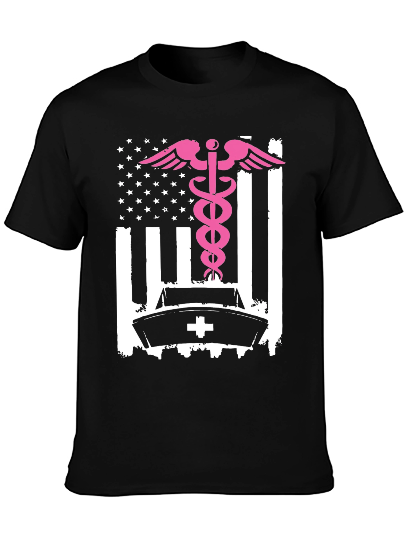 Nurse American Flag T-Shirt - Pink Caduceus Design