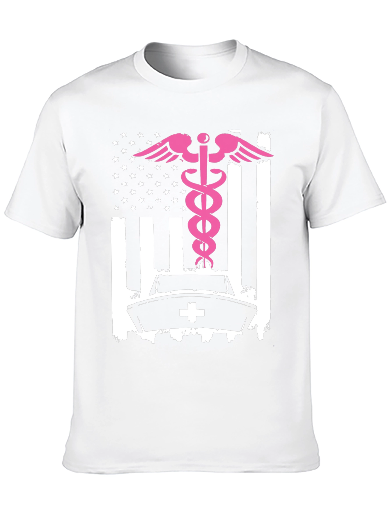 Nurse American Flag T-Shirt - Pink Caduceus Design