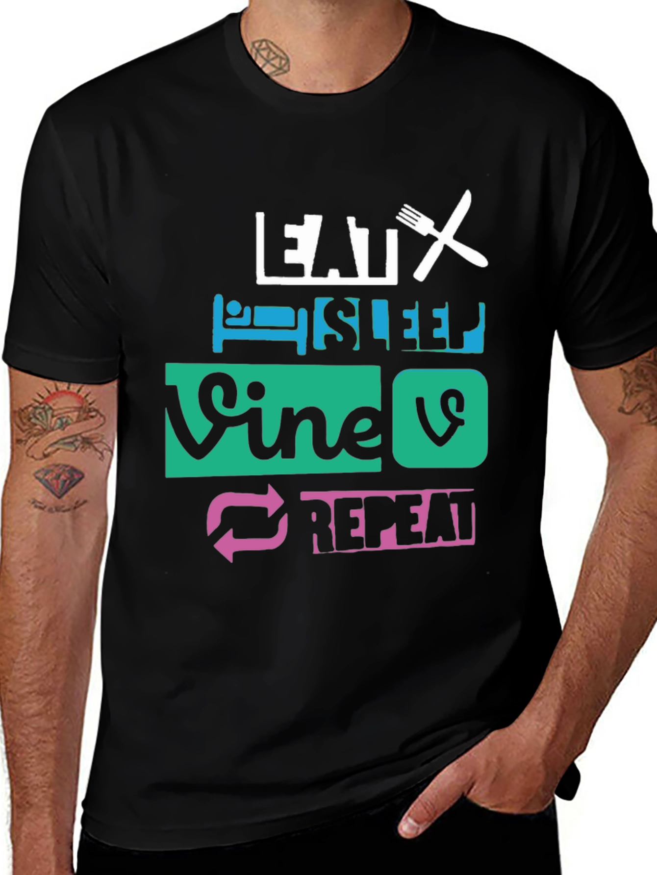 Eat Sleep Vine Repeat Graphic Tee - Black