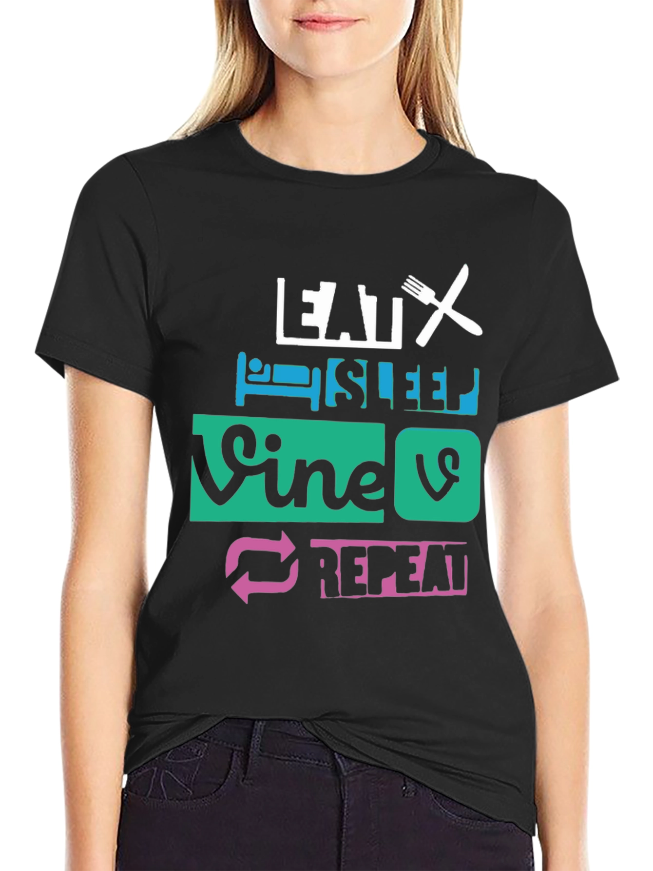 Eat Sleep Vine Repeat Graphic Tee - Black
