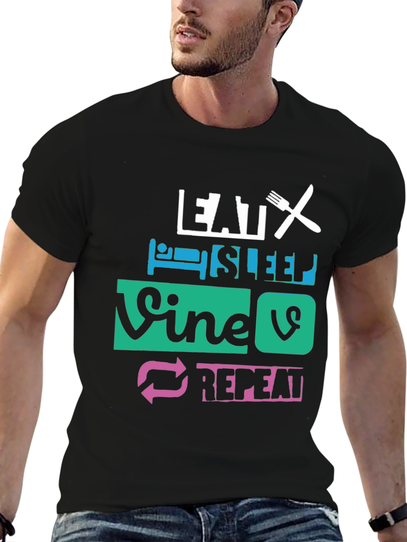 Eat Sleep Vine Repeat Graphic Tee - Black