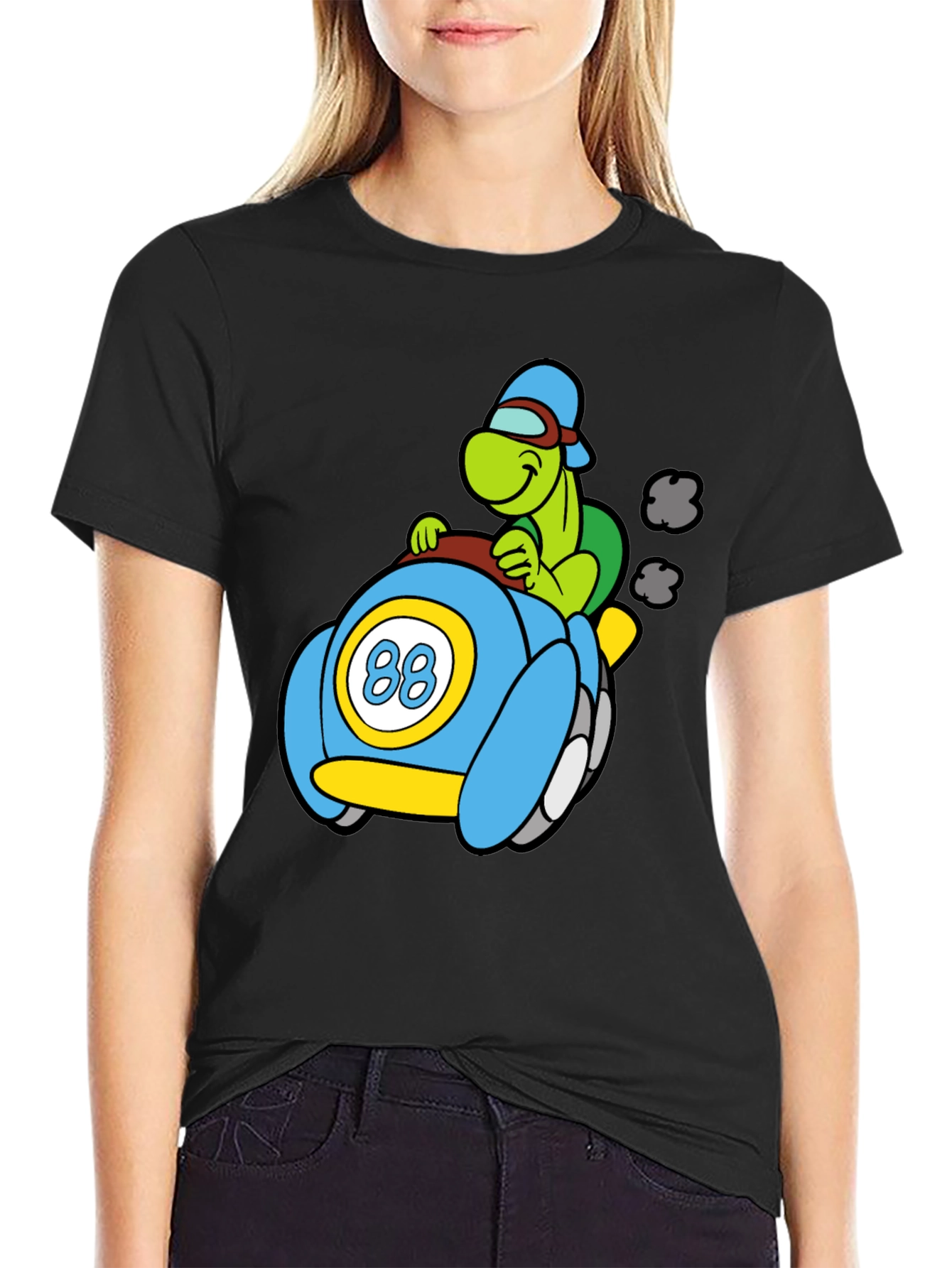 Cartoon Turtle Racer Black T-Shirt