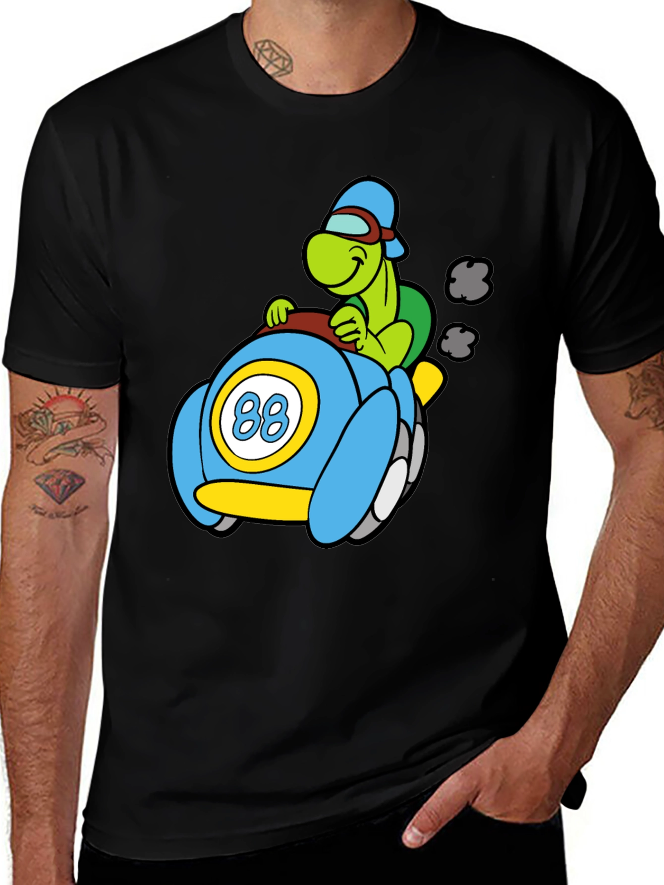 Cartoon Turtle Racer Black T-Shirt