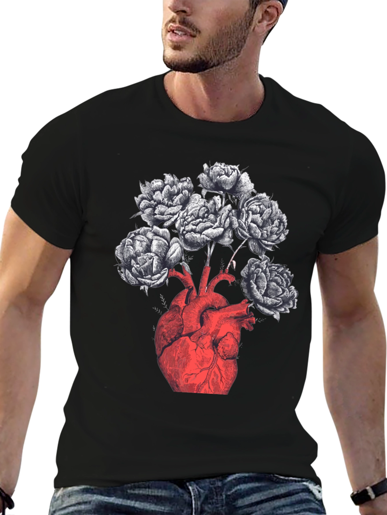 Anatomical Heart & Floral Black Graphic Tee
