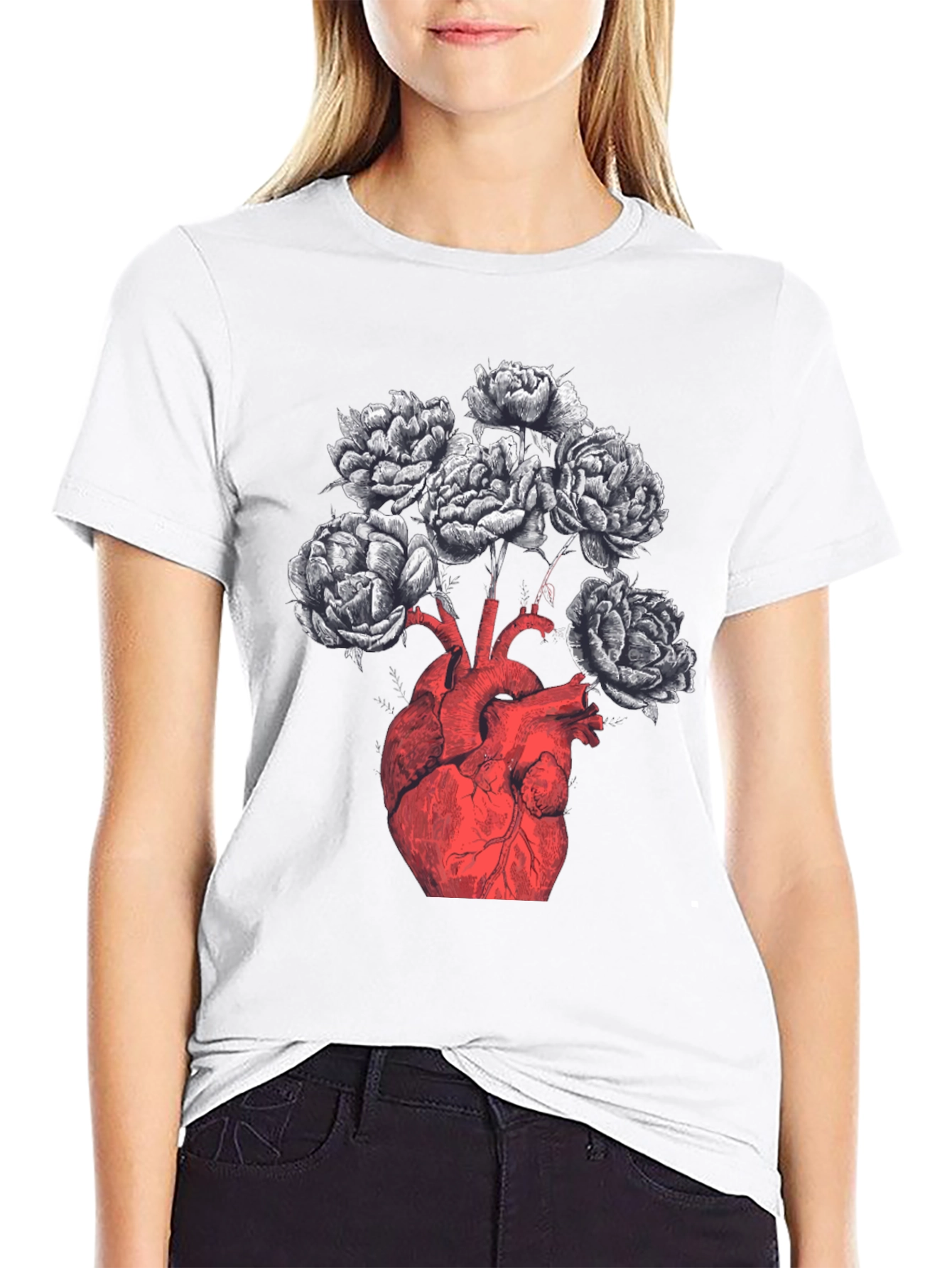 Anatomical Heart & Floral Black Graphic Tee