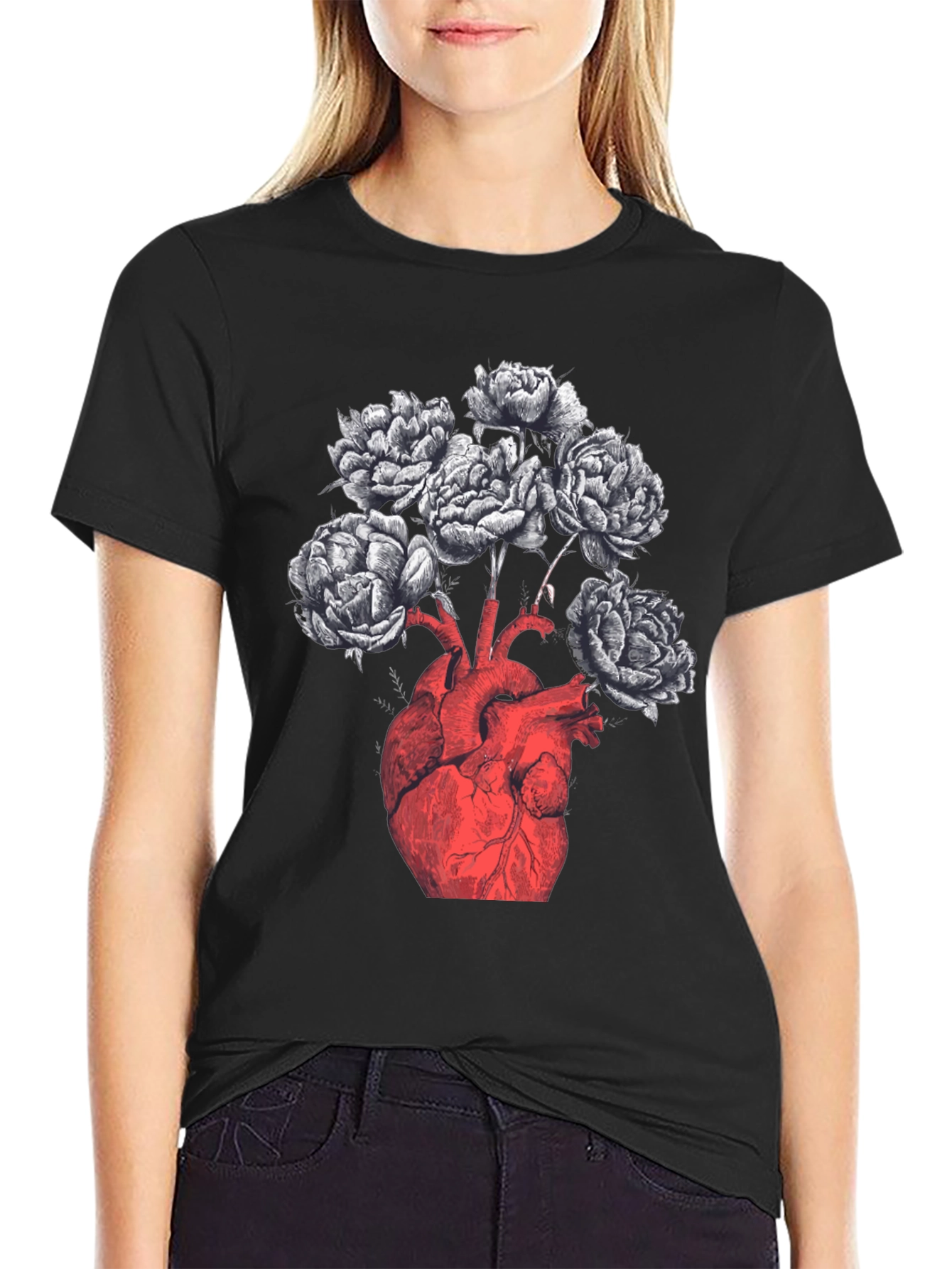 Anatomical Heart & Floral Black Graphic Tee