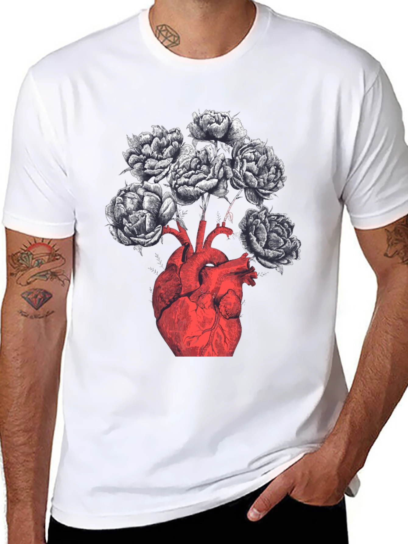 Anatomical Heart & Floral Black Graphic Tee