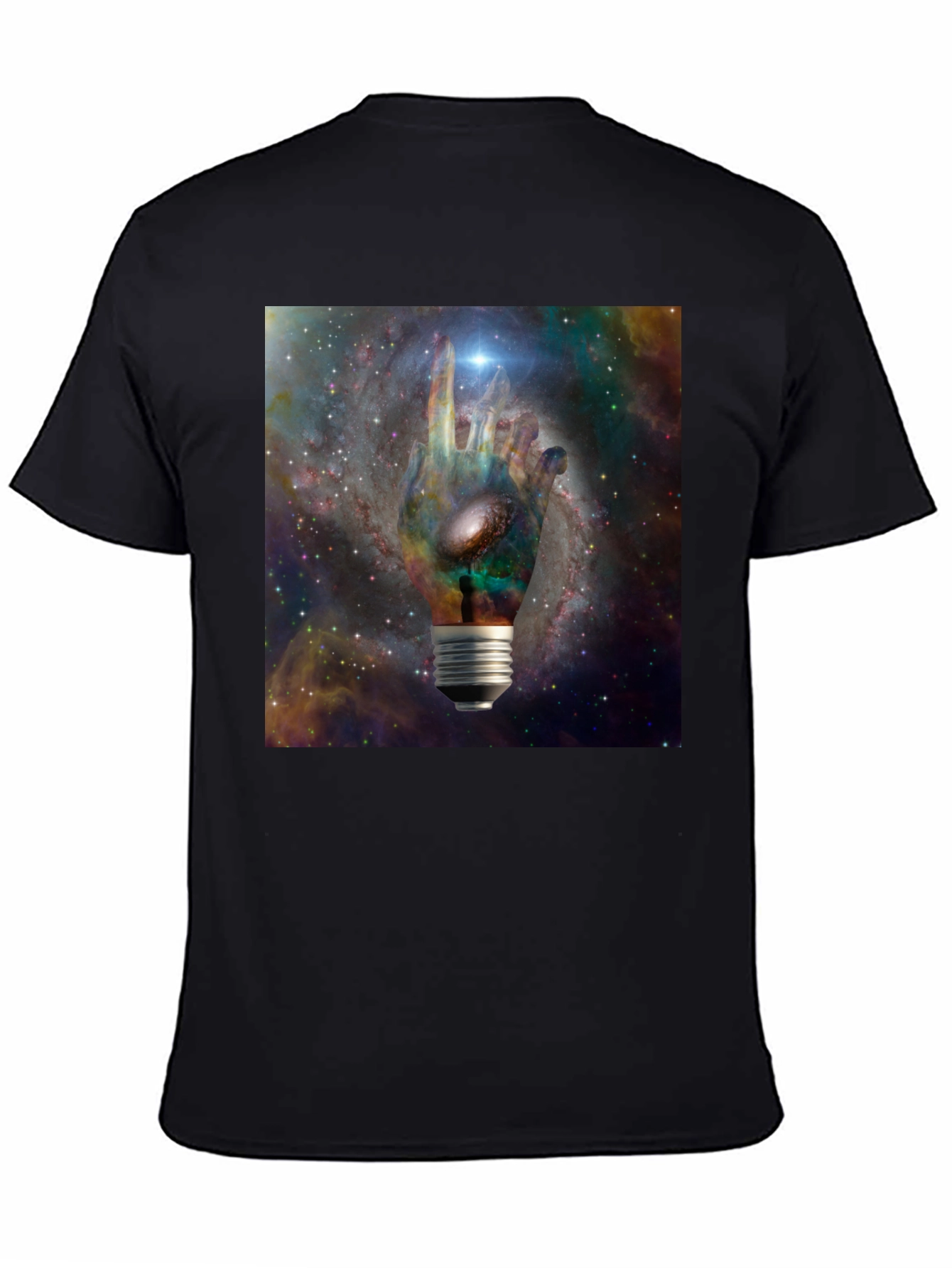 Cosmic Hand Lightbulb Design Black T-Shirt
