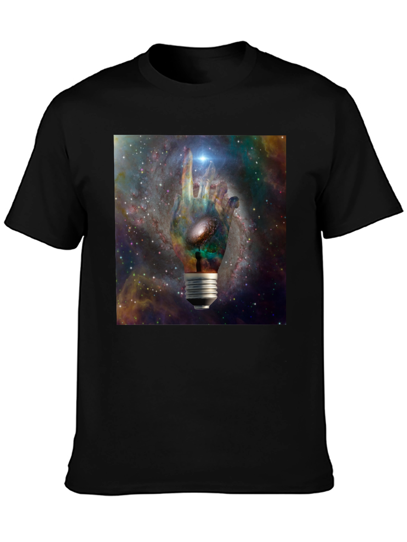 Cosmic Hand Lightbulb Design Black T-Shirt