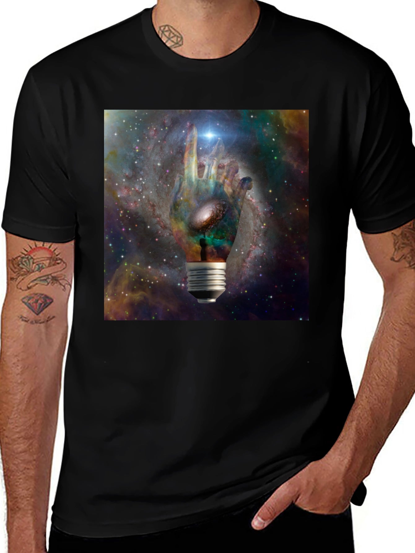 Cosmic Hand Lightbulb Design Black T-Shirt