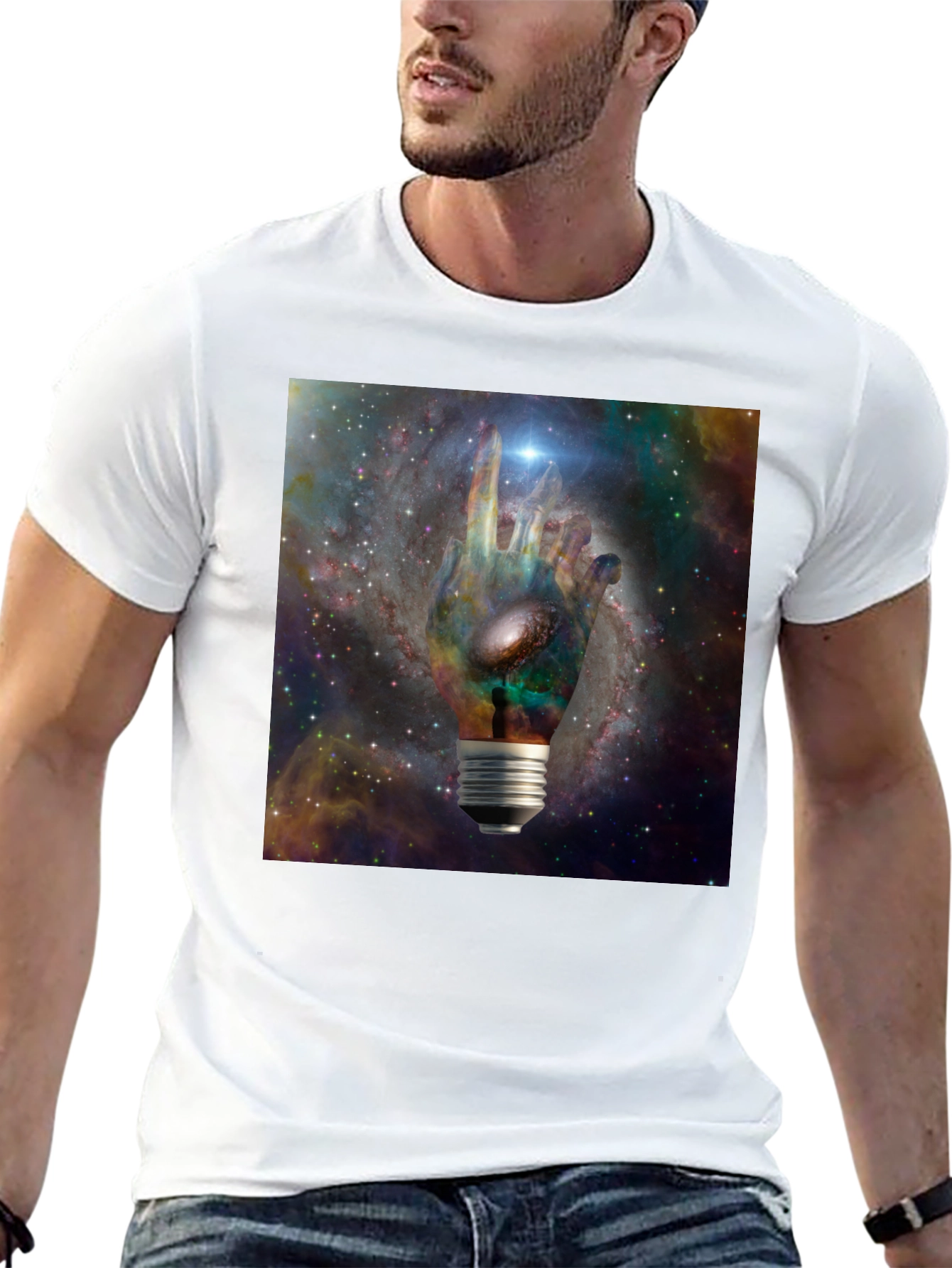 Cosmic Hand Lightbulb Design Black T-Shirt
