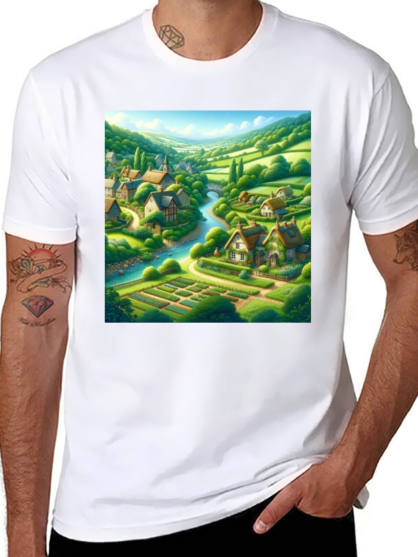 Quaint Village T-Shirt - Scenic Landscape Tee
