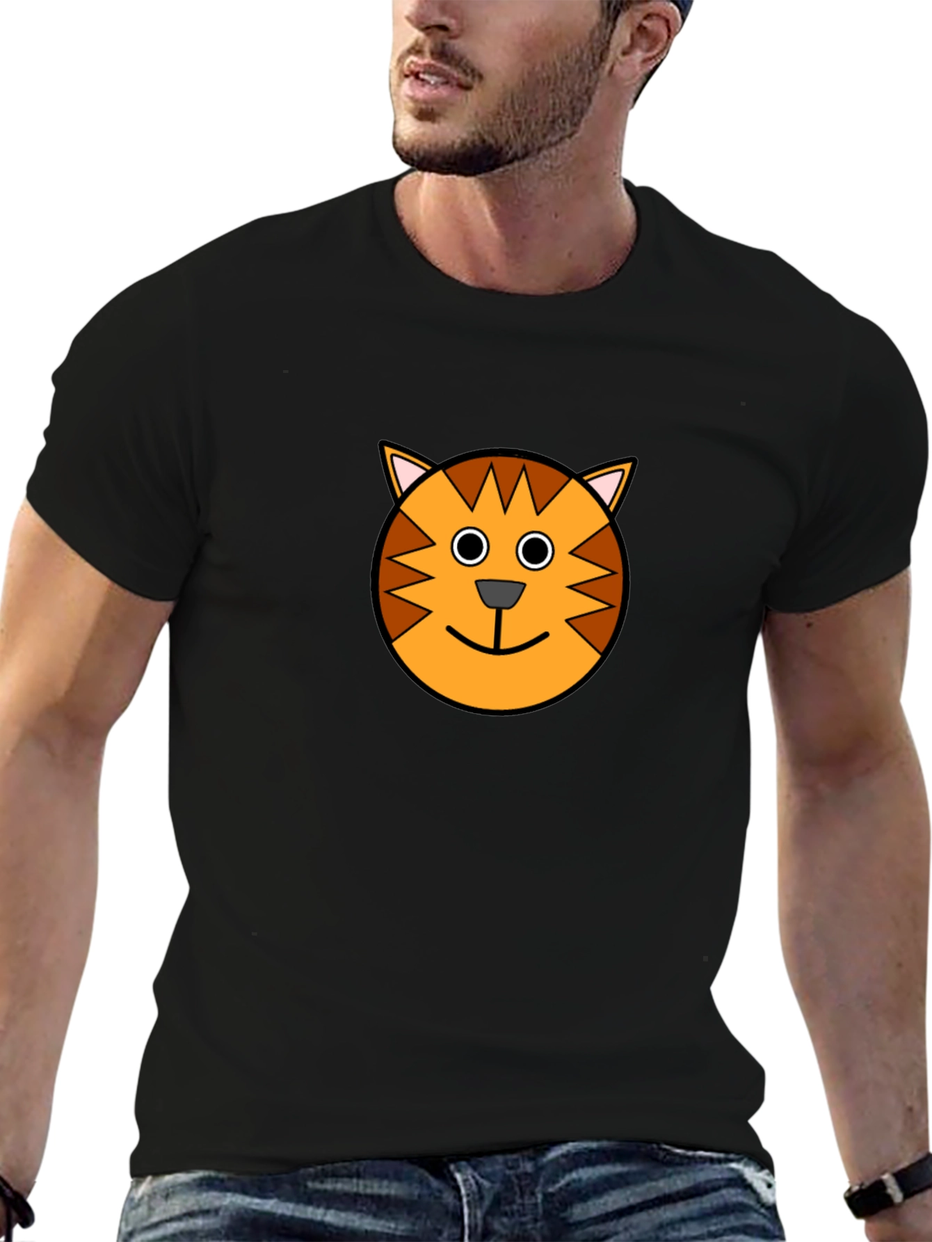 Fun Cartoon Cat Graphic Print Black T-Shirt