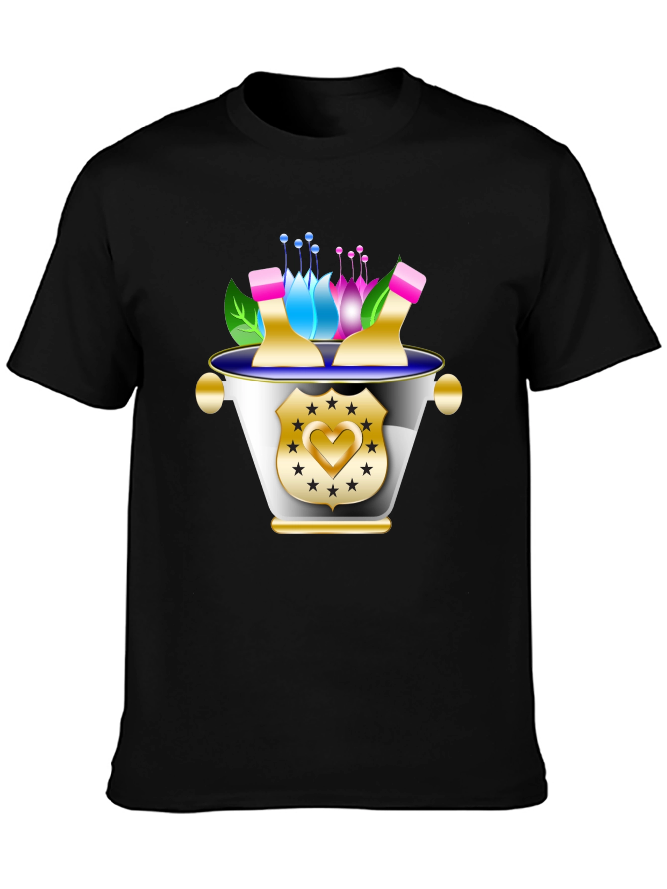 Floral Badge Graphic Tee - Stylish Black T-Shirt