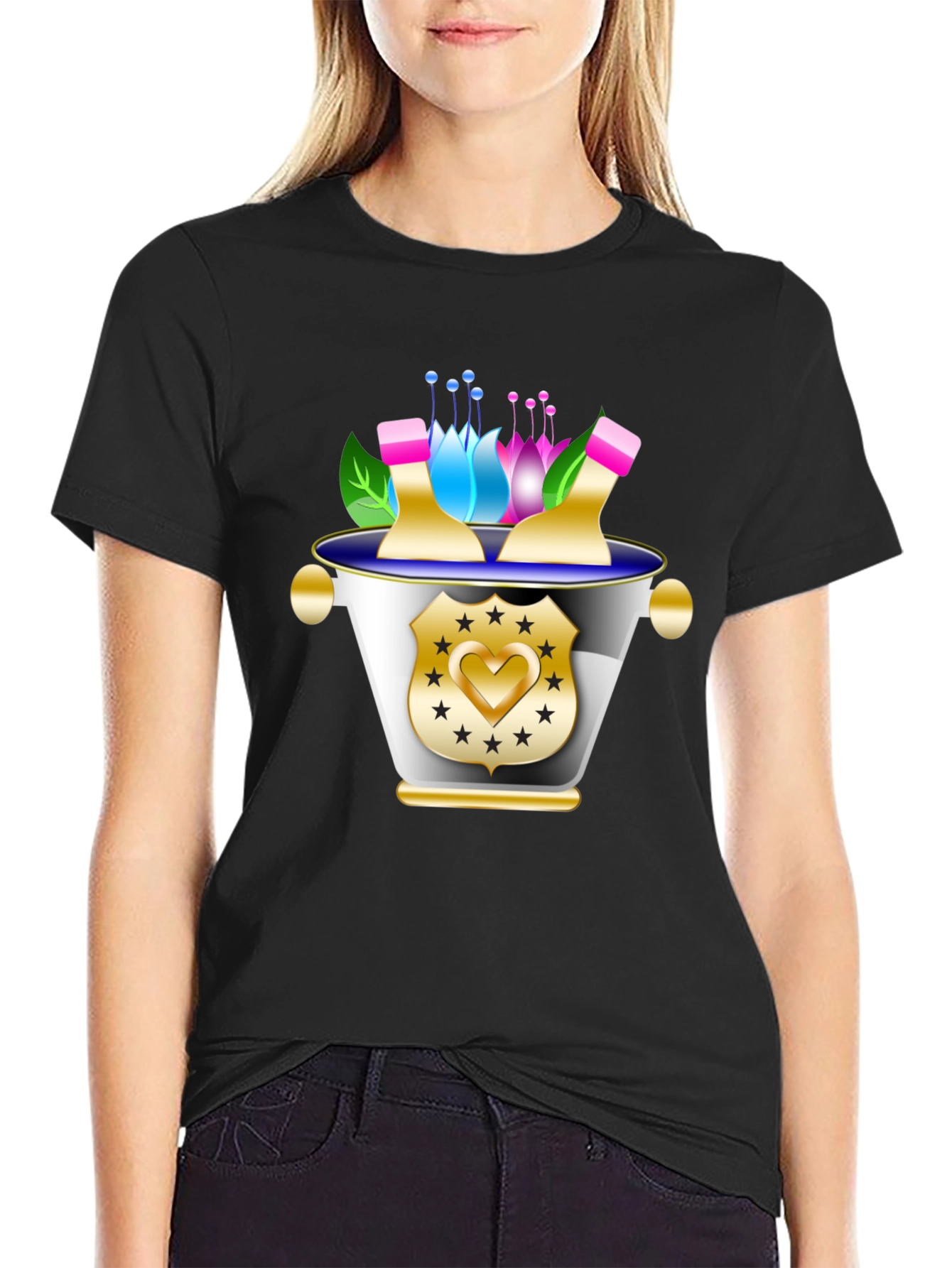 Floral Badge Graphic Tee - Stylish Black T-Shirt