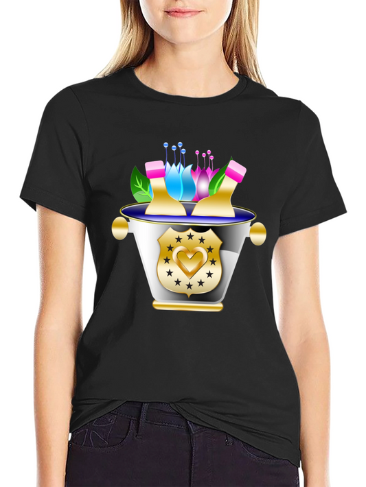 Floral Badge Graphic Tee - Stylish Black T-Shirt