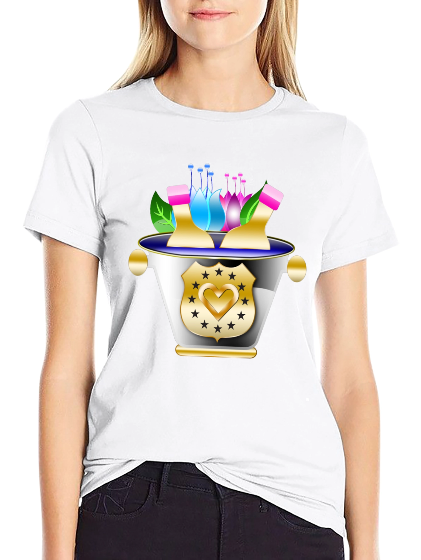 Floral Badge Graphic Tee - Stylish Black T-Shirt