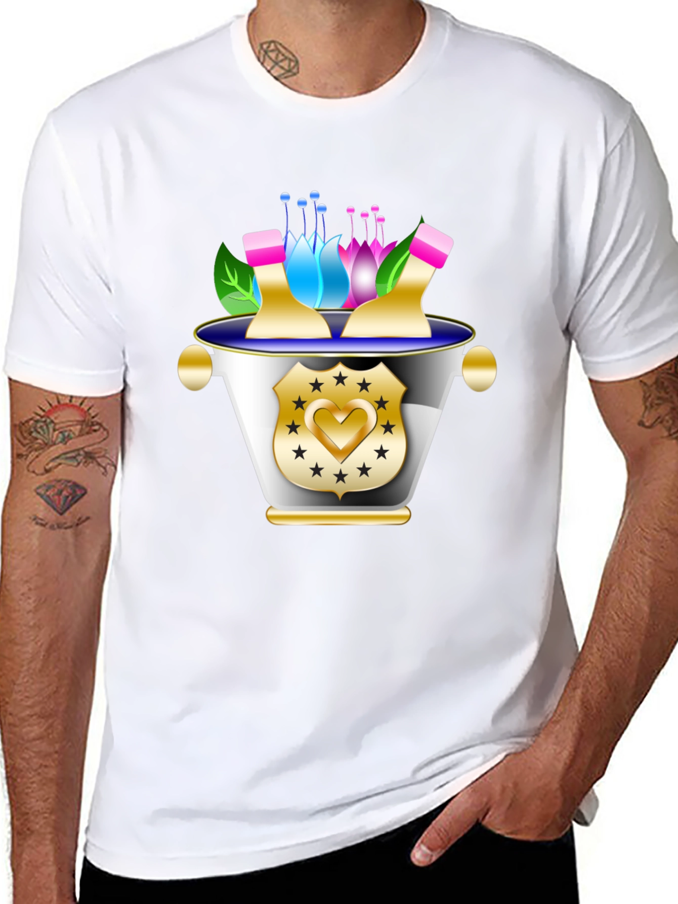 Floral Badge Graphic Tee - Stylish Black T-Shirt