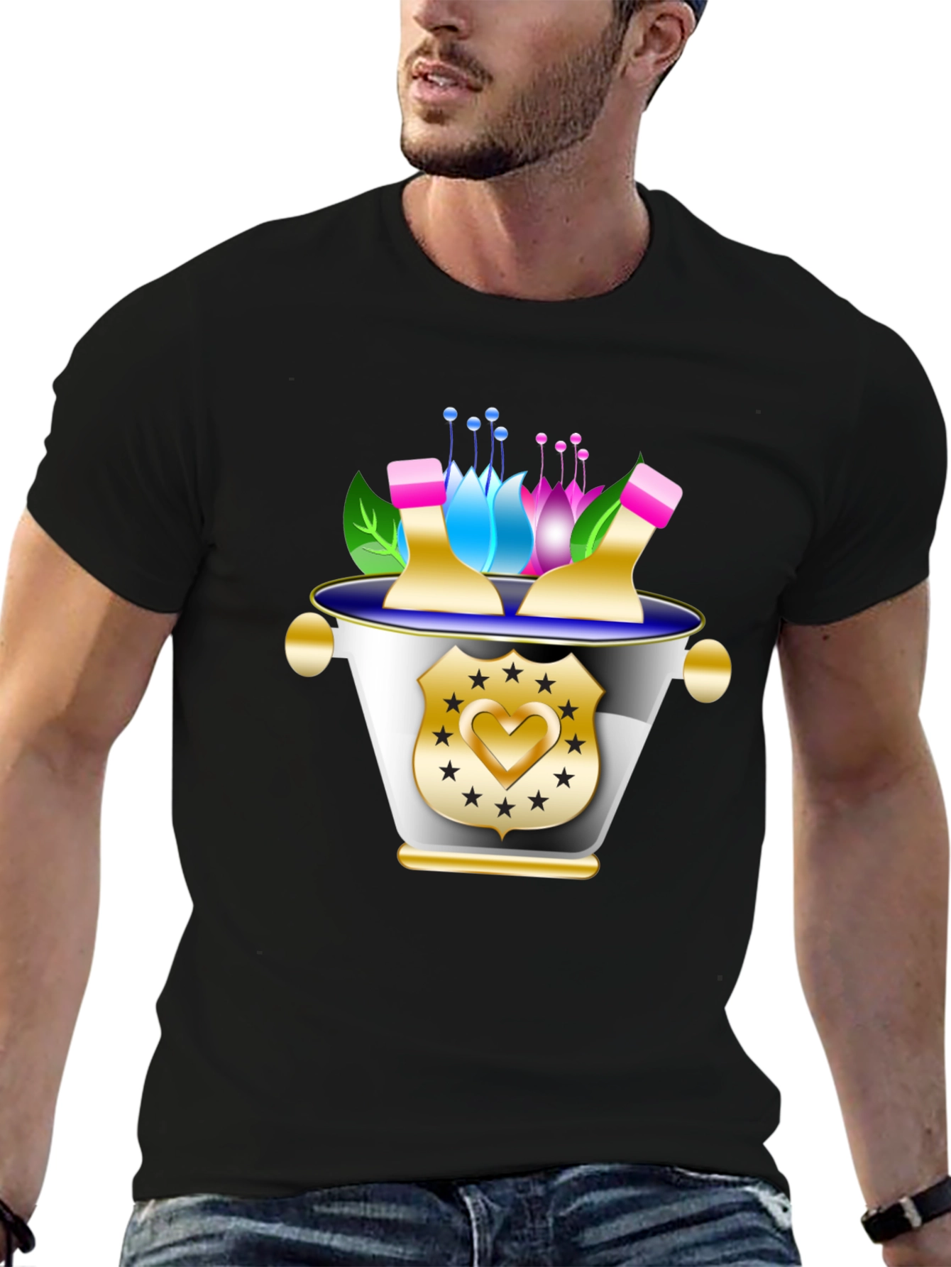 Floral Badge Graphic Tee - Stylish Black T-Shirt