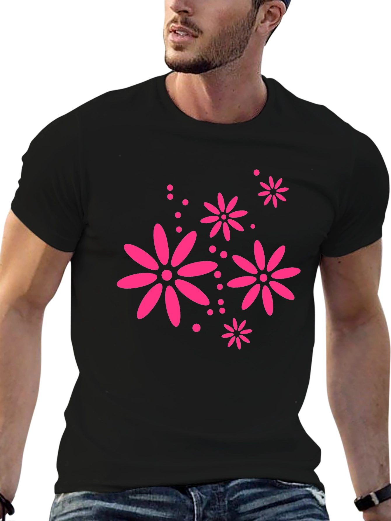 Black T-Shirt with Pink Floral Design