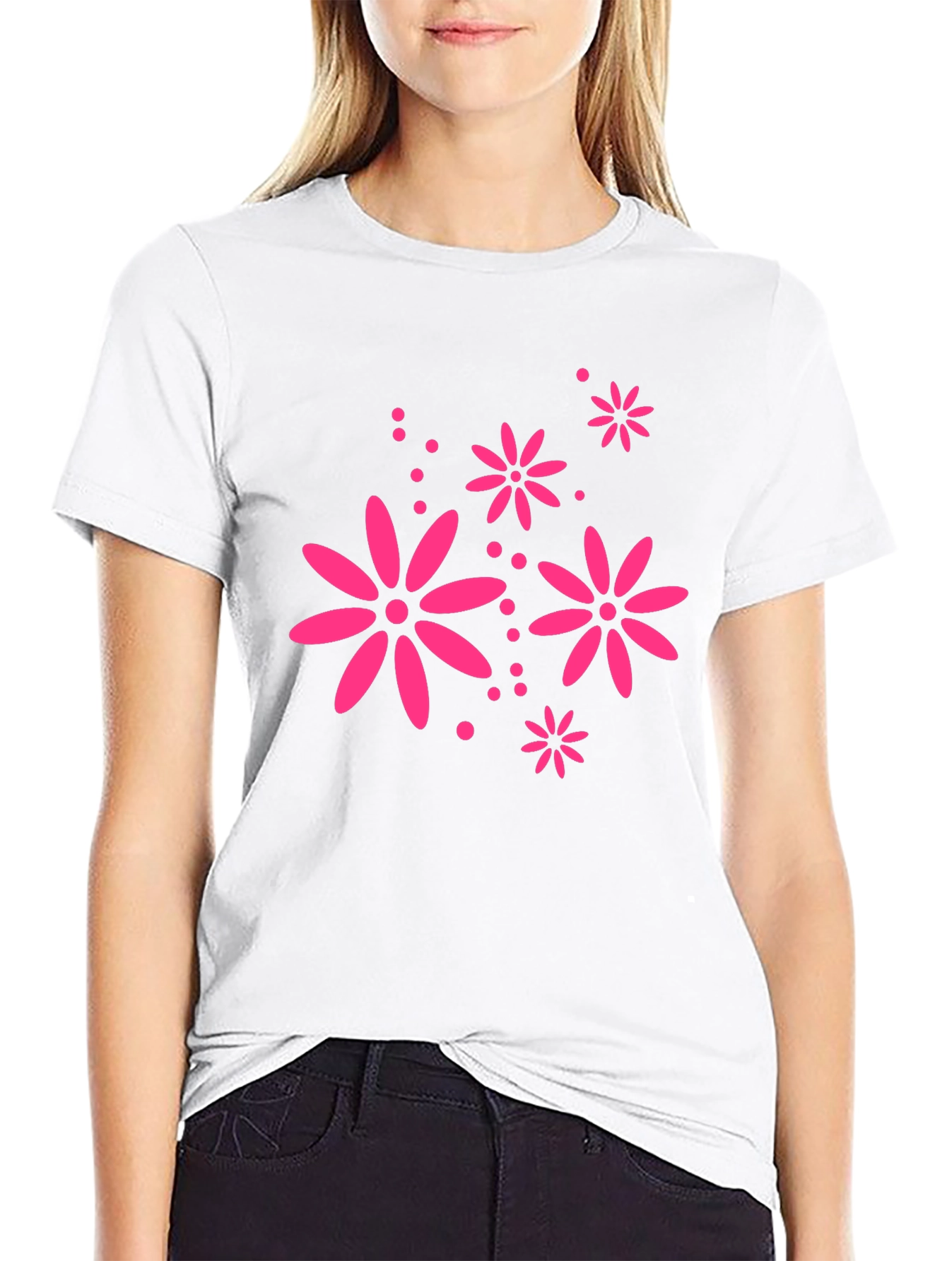 Black T-Shirt with Pink Floral Design