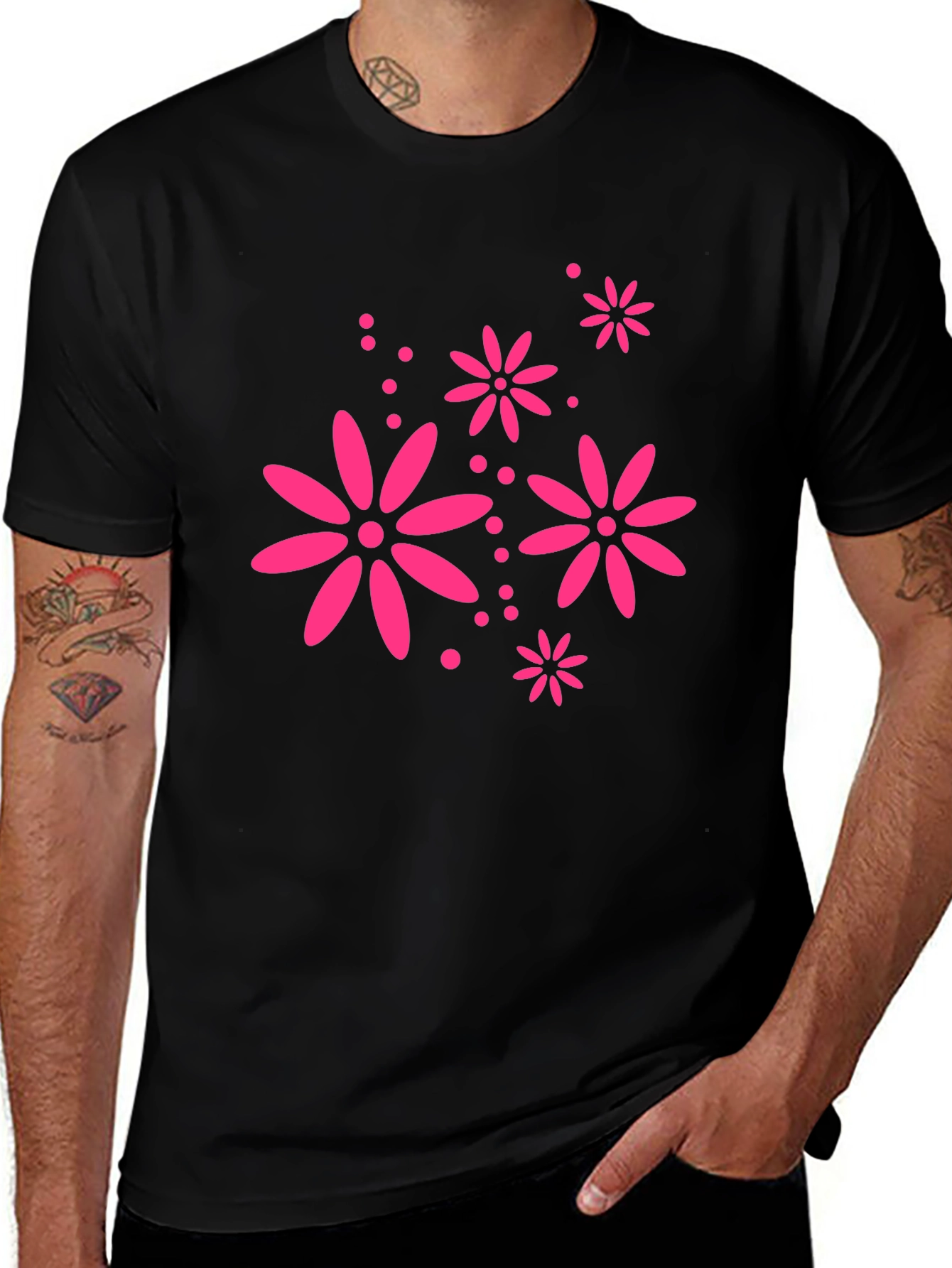 Black T-Shirt with Pink Floral Design