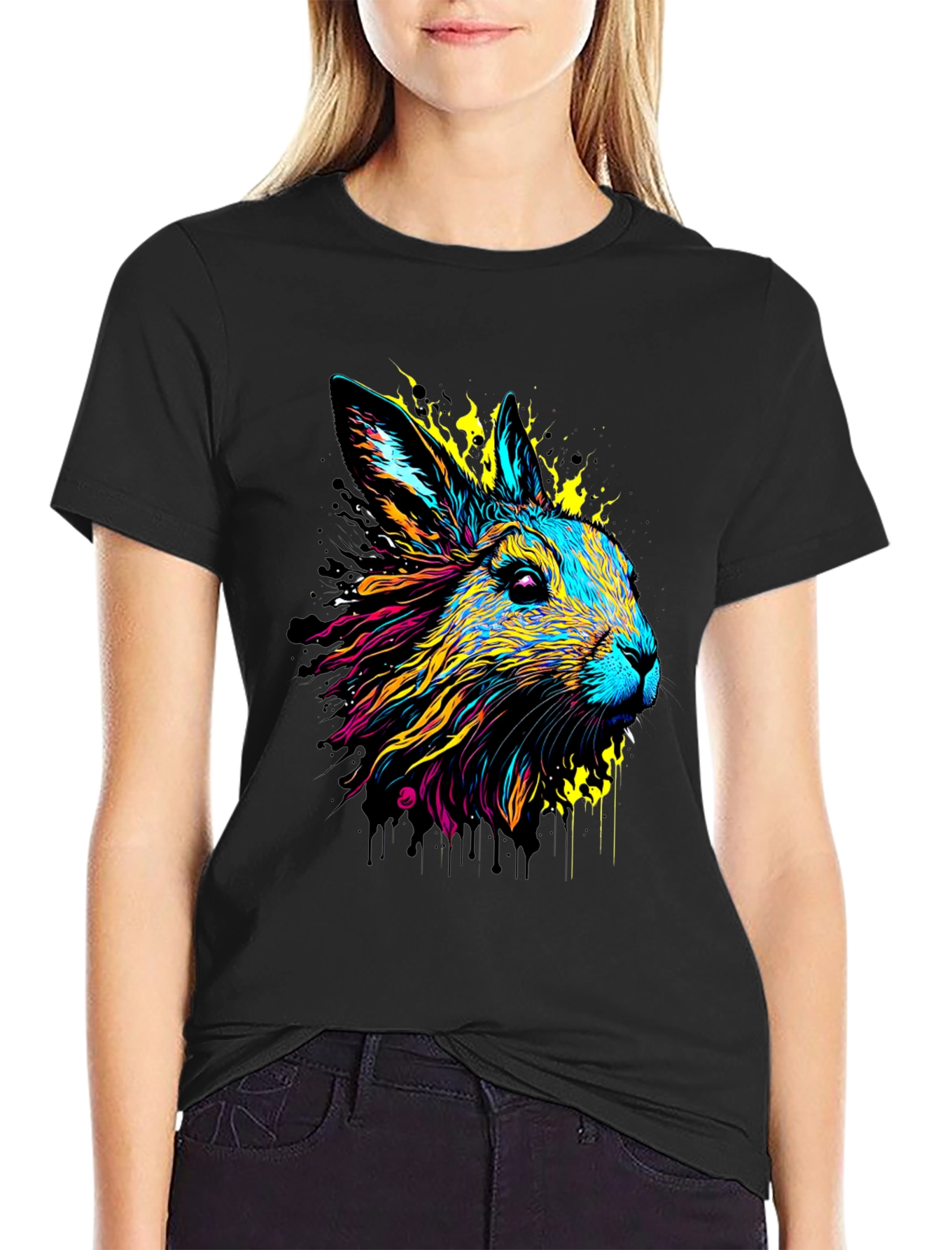 Vibrant Rabbit Graphic Tee - Black Cotton T-Shirt