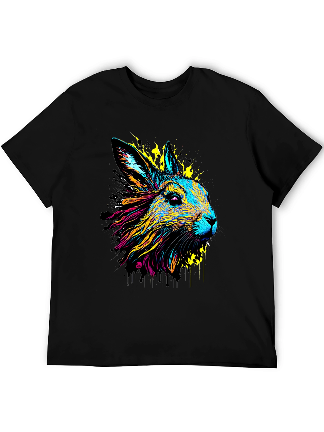 Vibrant Rabbit Graphic Tee - Black Cotton T-Shirt