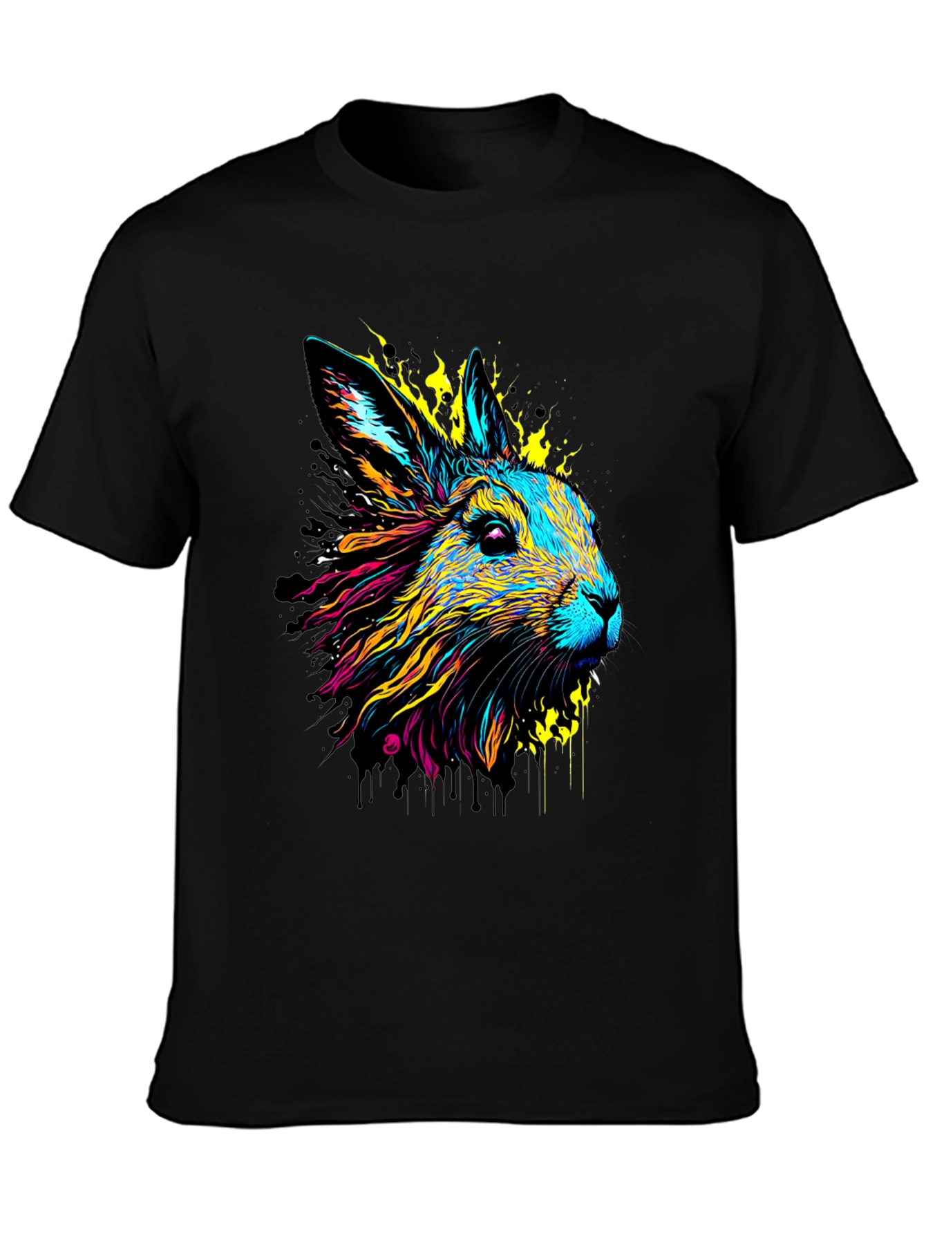 Vibrant Rabbit Graphic Tee - Black Cotton T-Shirt
